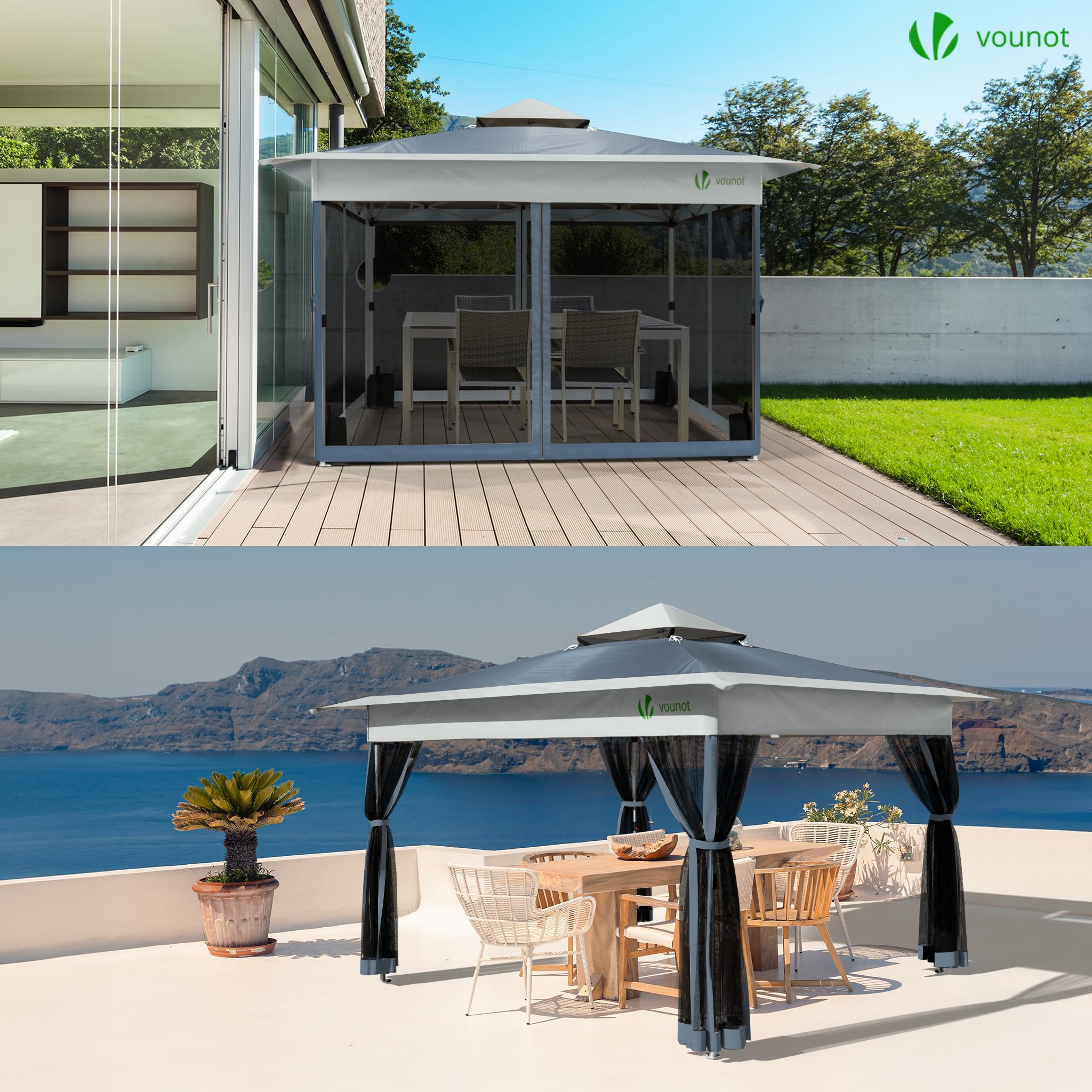 Gazebo da Giardino Esterno 3.6x3.6m Pieghevole Anti-UV con Struttura in Acciaio Tetto Doppio Grigio