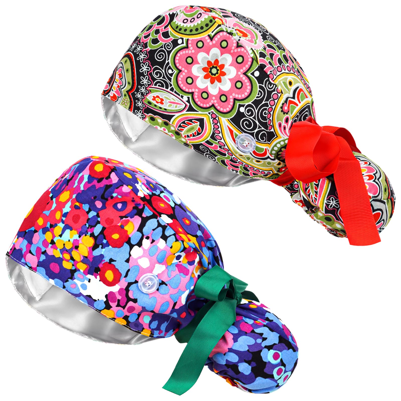 Scrub Cap, Surgical Caps for Women, Nurse Caps with Buttons Ribbon Tie, Adjustable Bouffant Nurse Hat