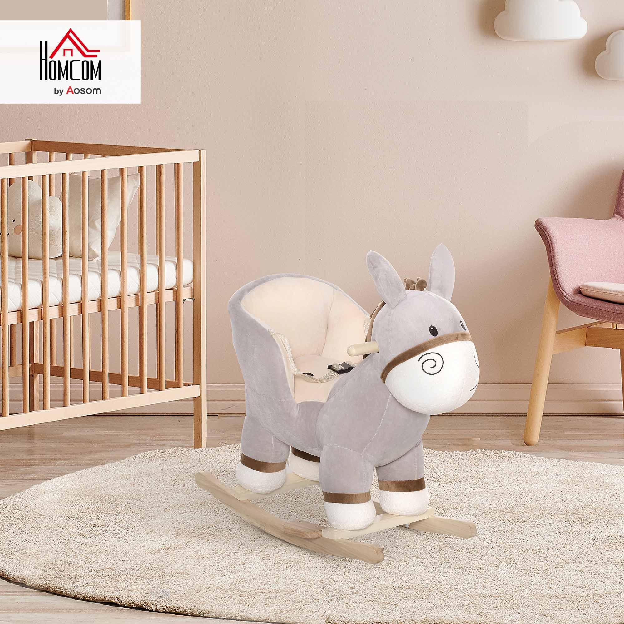 HOMCOM Cavallo a Dondolo per Bambini 18-36 Mesi, Cavalluccio a Dondolo a Forma di Asino con Suoni Realistici in Legno di Pioppo e Peluche, Grigio