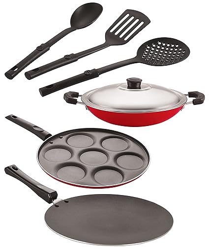 Nirlon Aluminium Nonstick Coated 6 Pcs Set of Concave Tawa-28.5cm,AppaChatti-22.5cm,Uttapam-7 Cavity & 3 Spoon (2.6mm_CT12_AC_UP7_3SPN)