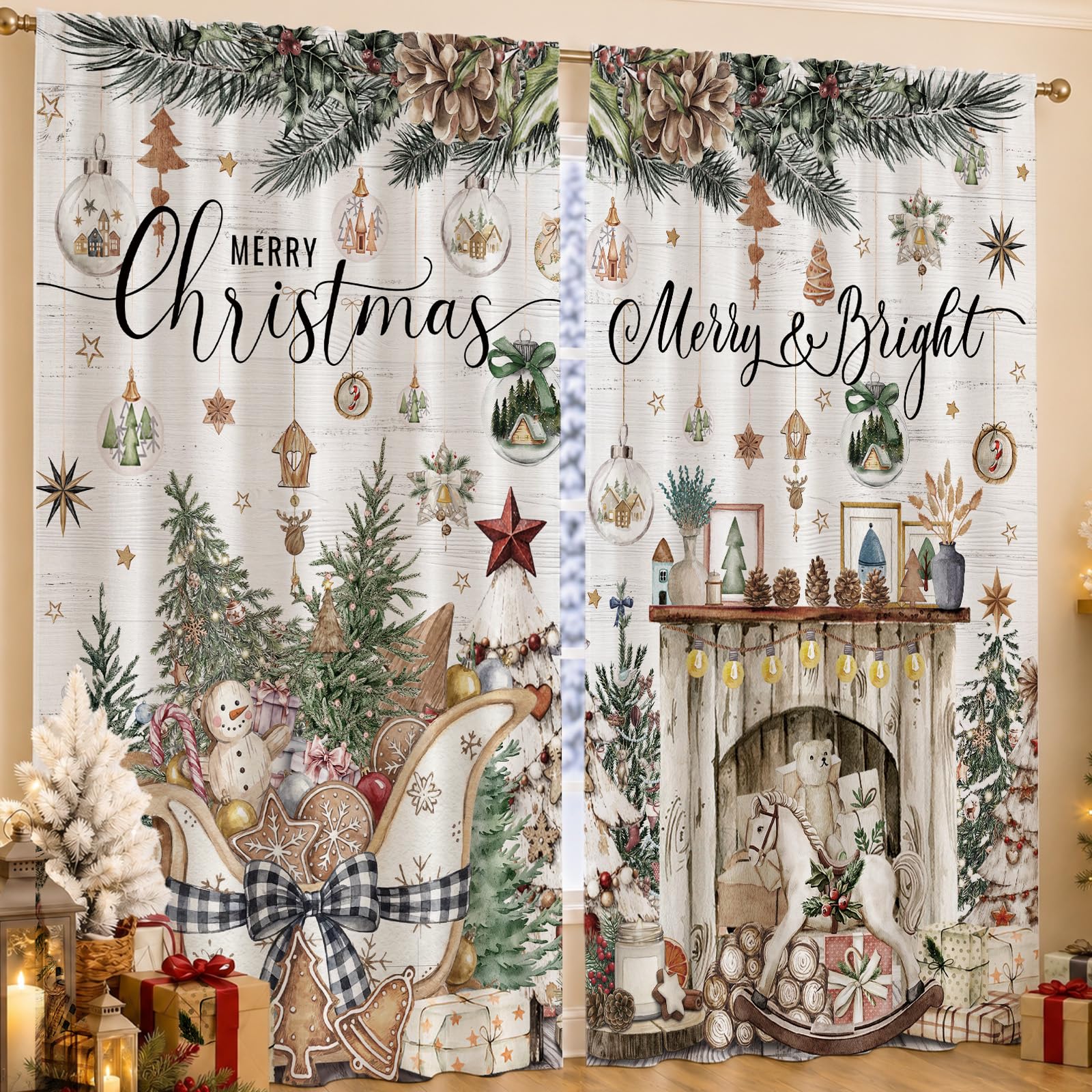 SmoothNovelty 2 Pcs Christmas Curtains for Living Room Xmas Tree Pine Fruit