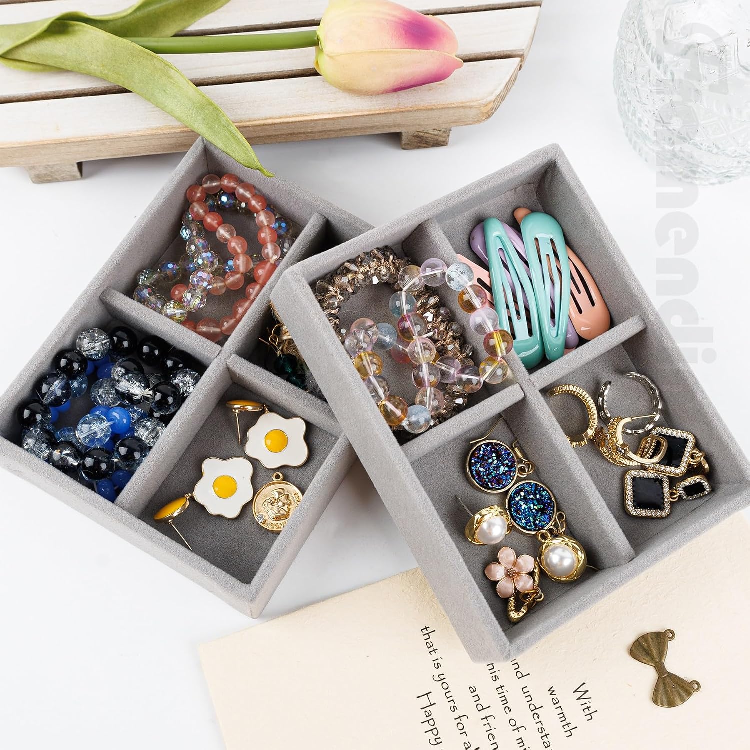 Framendino, 2 Pack Small Jewelry Trays Velvet Mini 4 Grids Drawer Inserts Organizer Grey image 3