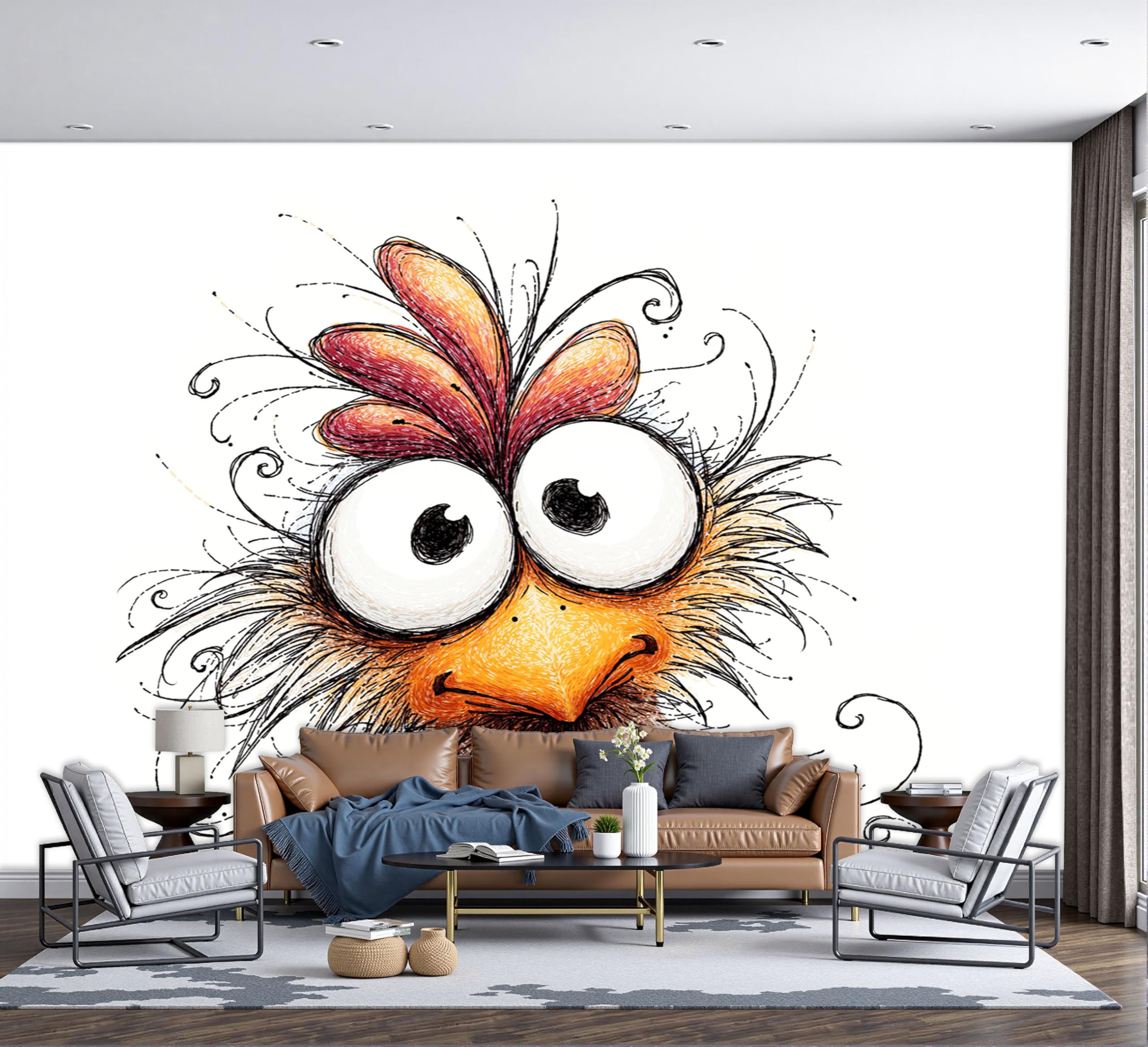 Papier peint panoramique blanc pour agrandir un salon et masquer un mur sombre