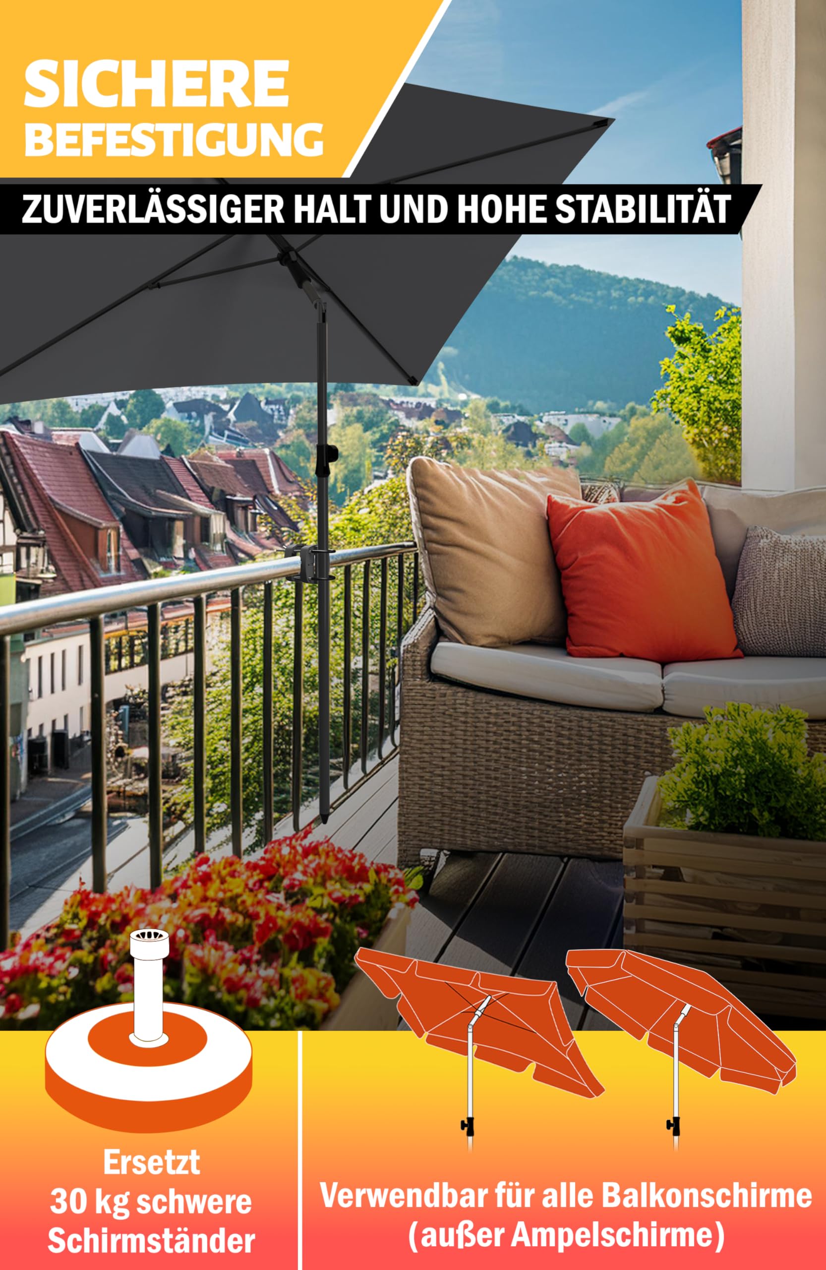 Supporto Per Ombrellone Da Balcone 4smile SunnyEasy - Base Per Ringhiera, Nero, Montaggio Flessibile - Foto 4