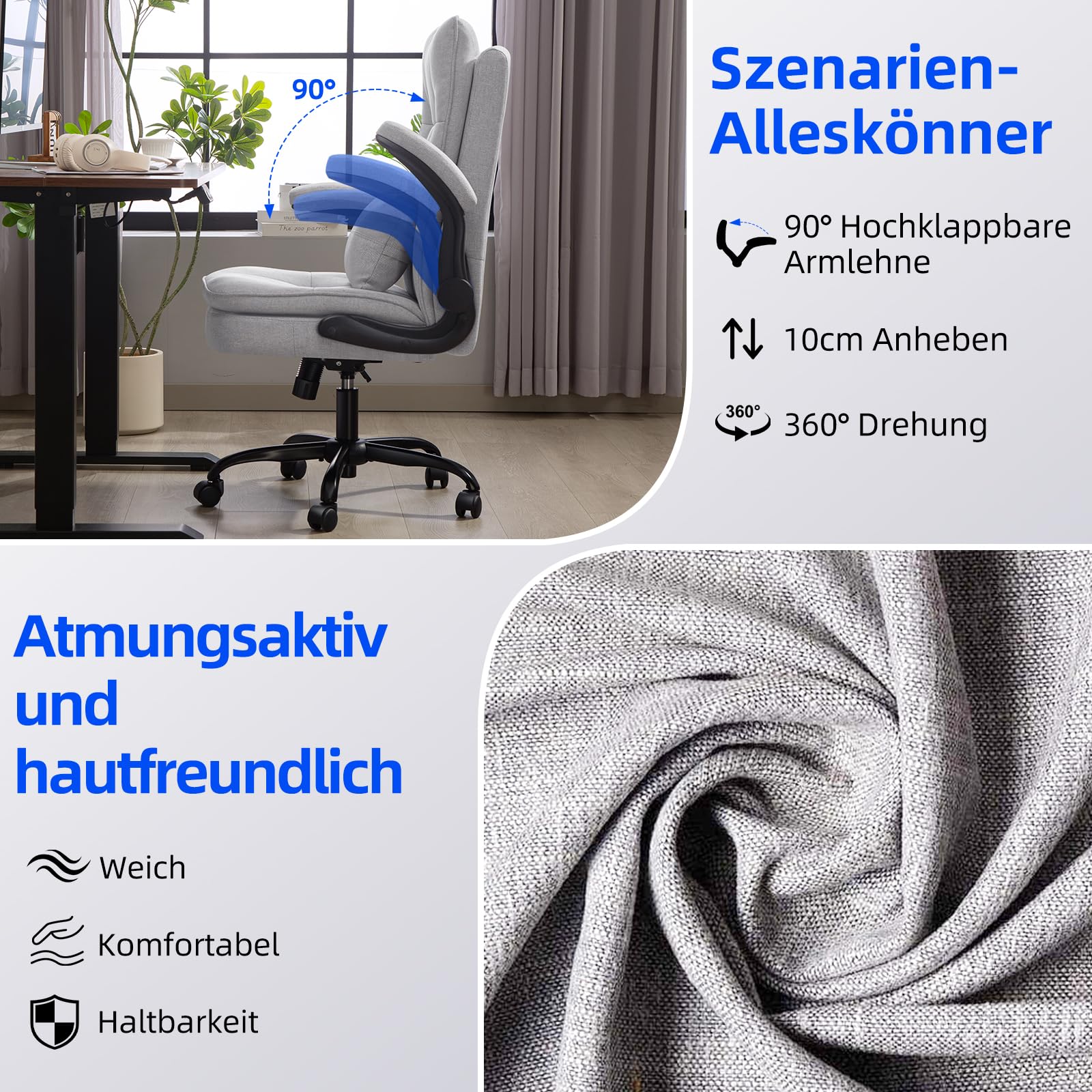Bürostuhl Ergonomisch [TESTSIEGER] Schreibtischstuhl | Atmungsaktiver Stoff & Hohe Rückenlehne | Höhenverstellbar & Wippfunktion | Chefsessel 150 Kg | Drehstuhl Mit Rollen | PC Stuhl Grau