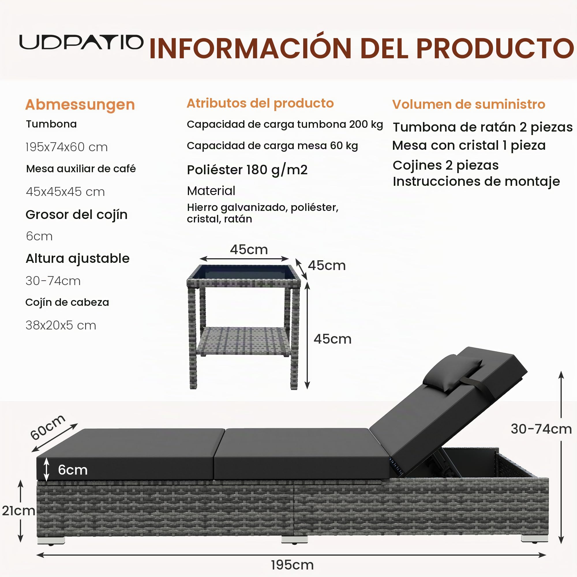 UDPATIO Set de 2 Tumbonas de Ratán, Respaldo 5 Posiciones + Mesa Jardín, Poliratán Tumbonas Jardin Exterior Impermeables, para Jardín, Exterior y Patio, Ratán Gris y Cojín Gris