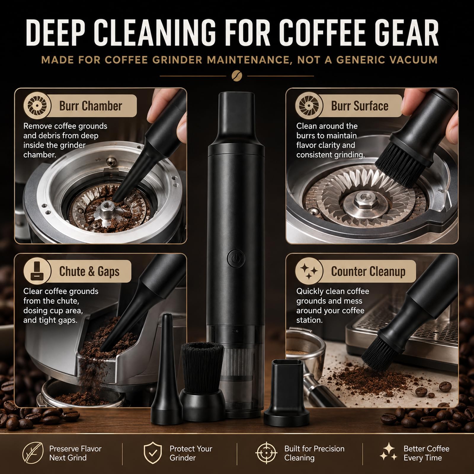 Mini Aspiradora Para Molinillo De Café, Herramienta Portátil De Limpieza Para Molinillos De Café, Boquillas De Precisión, Cepillo, Filtro, Recipiente Para Polvo, Para Limpiar El Café Molido Y Los