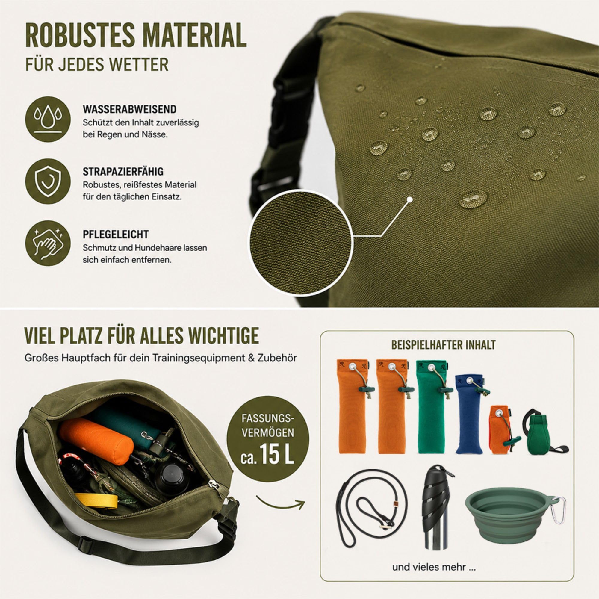 ROMNEYS Dummytasche Leeds – Große Trainingstasche für Dummytraining & Jagdhundetraining – Wasserabweisend, pflegeleicht & mit breitem Schultergurt – Olivgrün