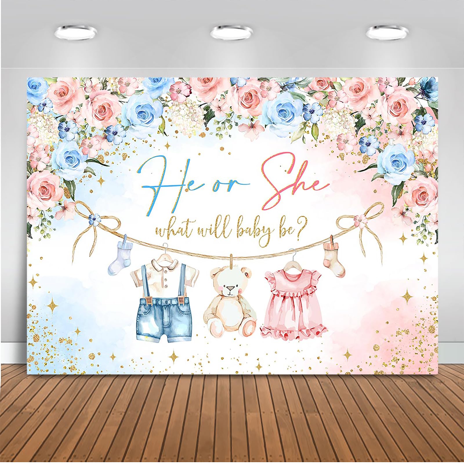 Mocsicka Gender Reveal Backdrop Pink and Blue Boy or Girl Clothes Background Floral Eucalyptus Leaves Gender Baby Shower Cake Table Decorations Banner Photo Booth (8x6ft)