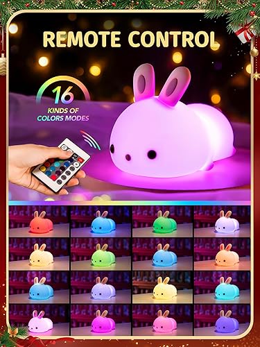 Miniatura 18 de Luz de noche LED para niños, portátil de conejito de silicona suave, recargable, cambia de color Regalos de conejo[Control remoto],Naranja,Amarillo