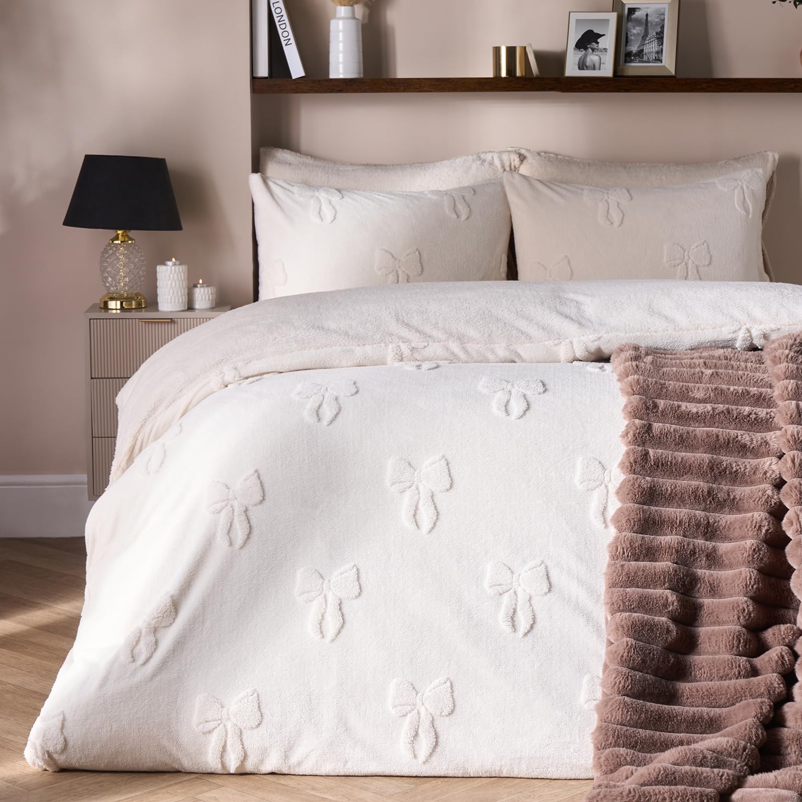 OHS Teddy Fleece Duvet Set Bows Tufted, Gifts for Women Super Soft Warm Thermal Double Duvet Set Sherpa Fluffy Teddy Bear Bedding with Pillowcases, Ivory