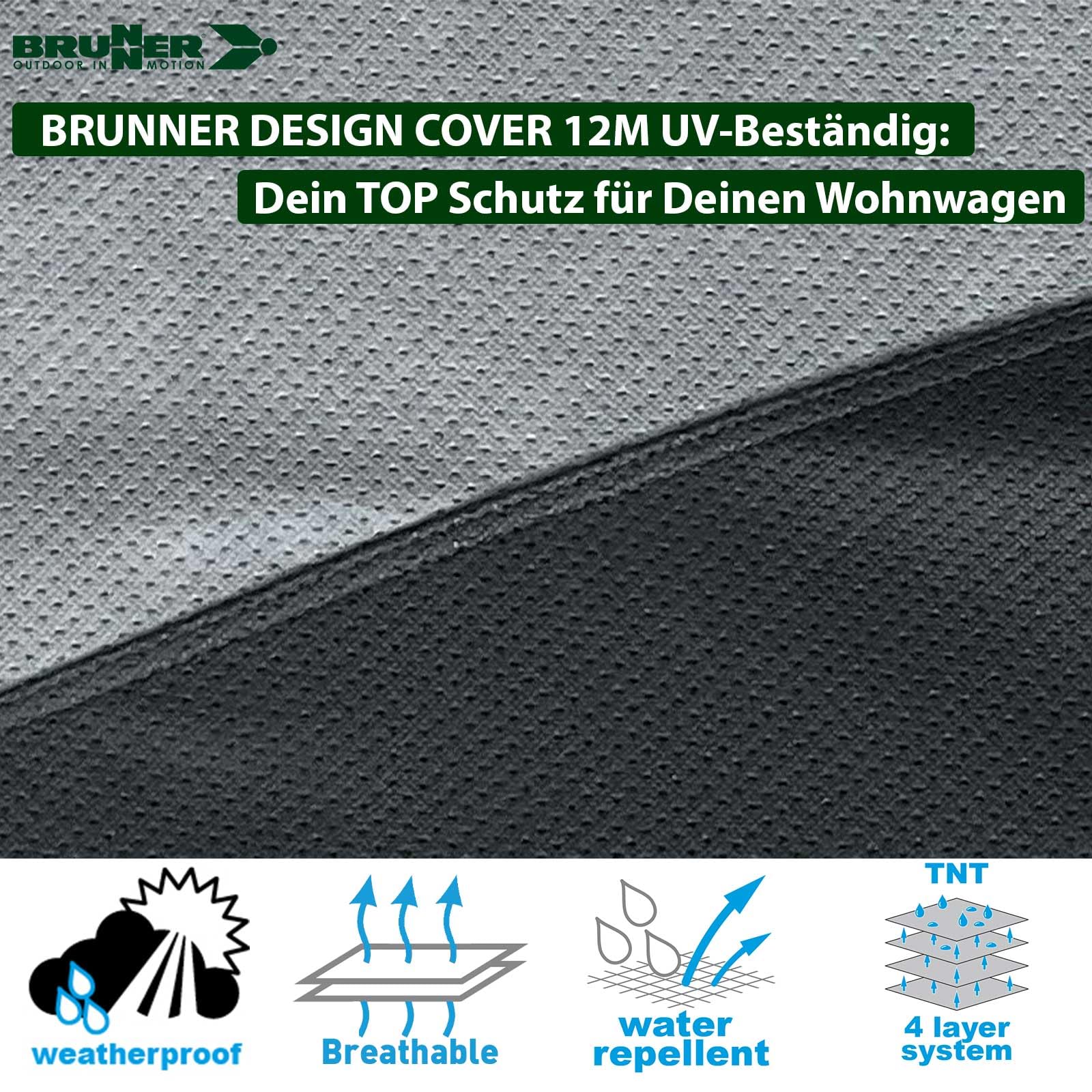 BRUNNER Wohnwagen-Abdeckplane Caravan Cover Design 12M 4,5m-5m x2,4m x2,2m | Schutzhülle 4-lagiges hochwertiges TNT-Gewebe, Atmungsaktive Abdeckung, UV-Beständig für Winter UND Sommer, Wasserabweisend