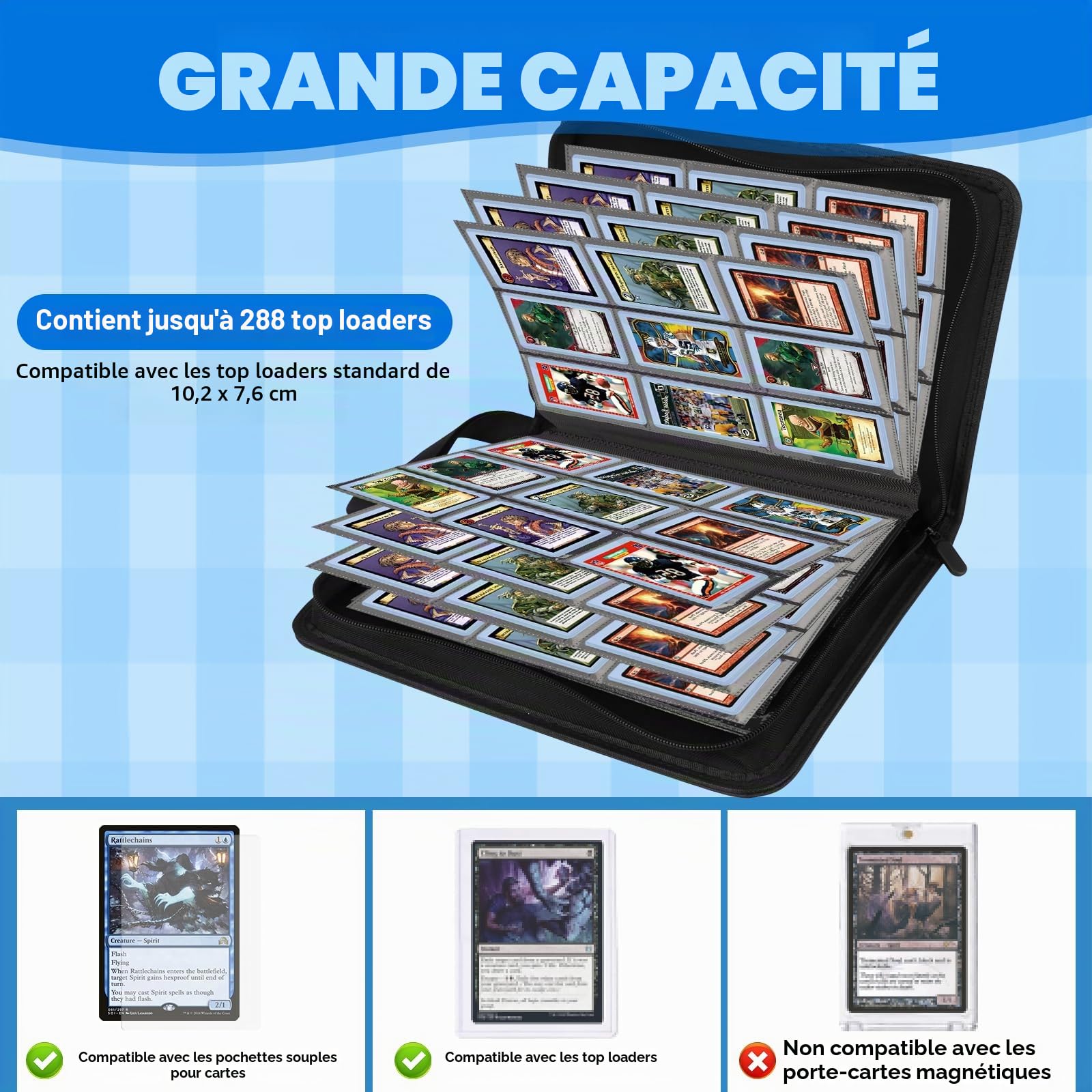 AOBOPLE Album de Cartes à Collectionner pour Top loader, 9 Pochettes 288 Cartes Classeur Carte 16 Pages Album de Cartes avec Fermeture Zippée, Porte Cartes pour top loaders Cartes 8,5 x 11 cm
