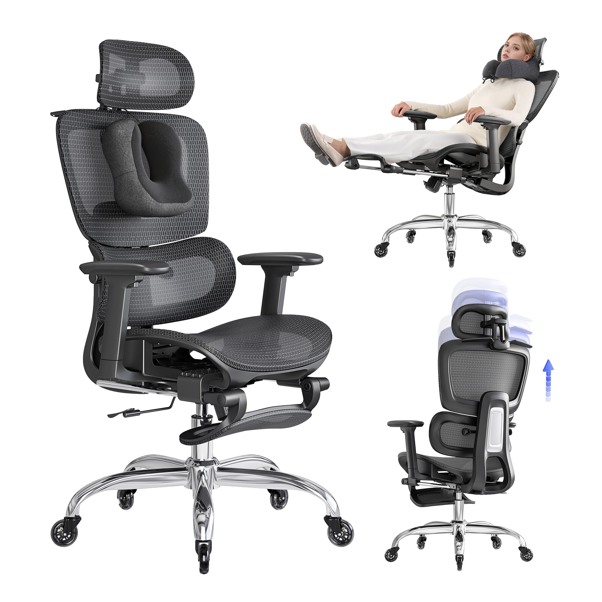 LarkLeaves Office Chair with Footrest, Ergonomic Chair with Neck Pillow & Rubber Wheels, Computer Chair with Adjustable Backrest & 3D Armrests