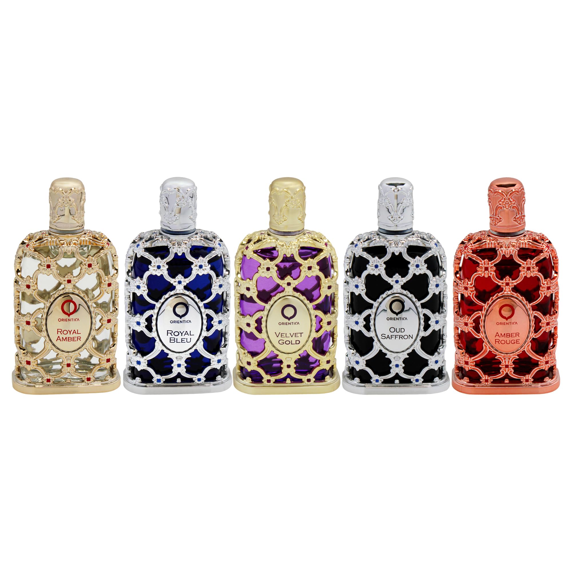 Orientica Luxury Collection Set Discovery Miniature Eau de Parfum 5 Pezzi (5 x 7.5 ml) – Amber Rouge, Royal Amber, Oud Saffron, Velvet Gold e Royal Bleu – Profumo Arabo Unisex per Donna e Uomo