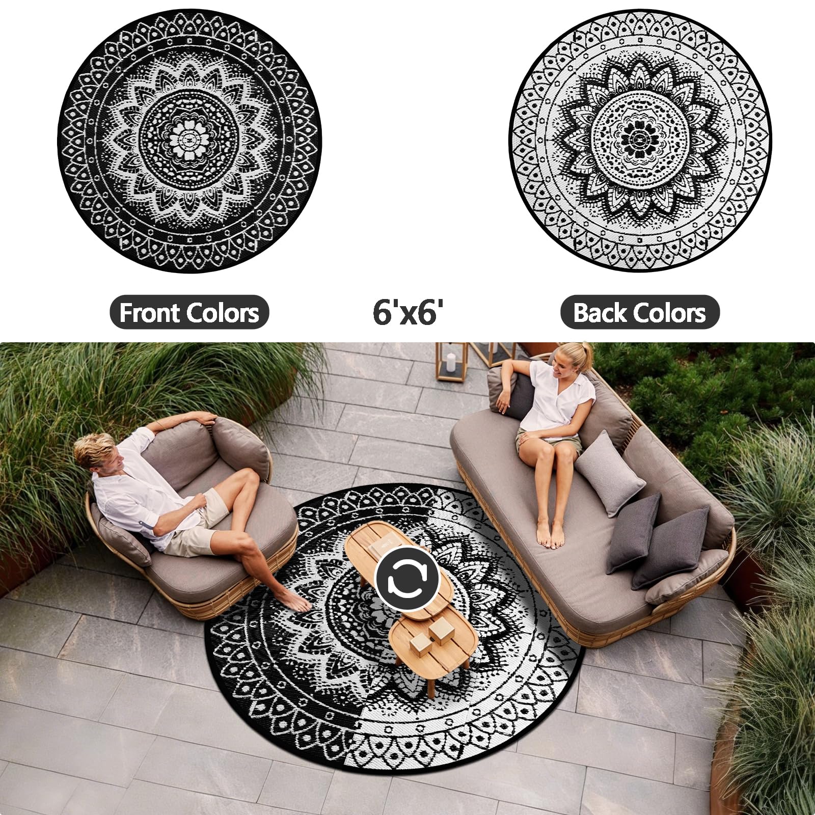 Alfombra Redonda de Exterior para Patio 180 cm alfombras de jardín Reversibles Impermeables y Plegables Alfombra Boho para autocaravanas Alfombra para Picnic Acampada Negro/Blanco