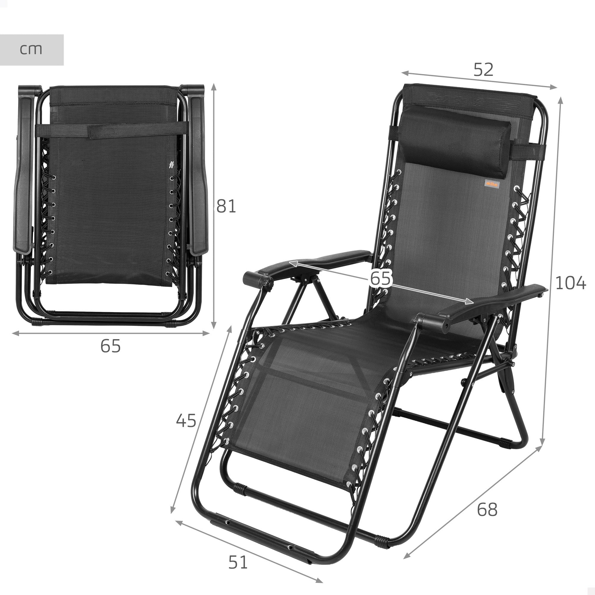 AKTIVE Tumbona jardín plegable, Color negro, 52x68x104 cm, Gravedad cero, Estructura acero, Tejido textileno, Soporta 110 kg, Antivuelco, Cojín acolchado, Hamaca terraza exterior (61165)