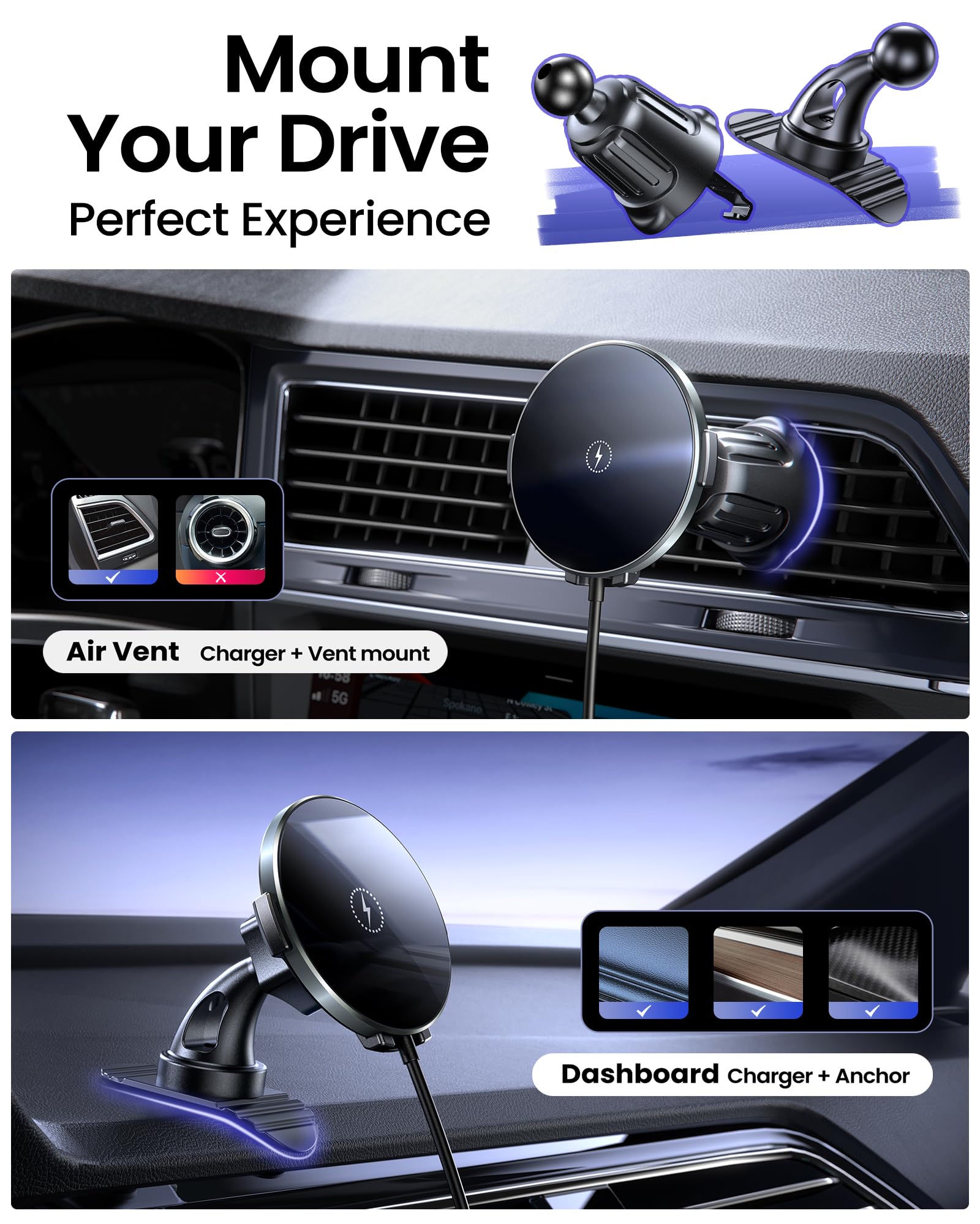 Hoonyer Magnetic Car Mount Charger,Magnetic car Phone Holder, Air Vent/Dashboard Magnetic Wireless Car Charger, 15W Fast Magnetic Car Charger for iPhone 16/15/14/13/12 Series, Fast Charging