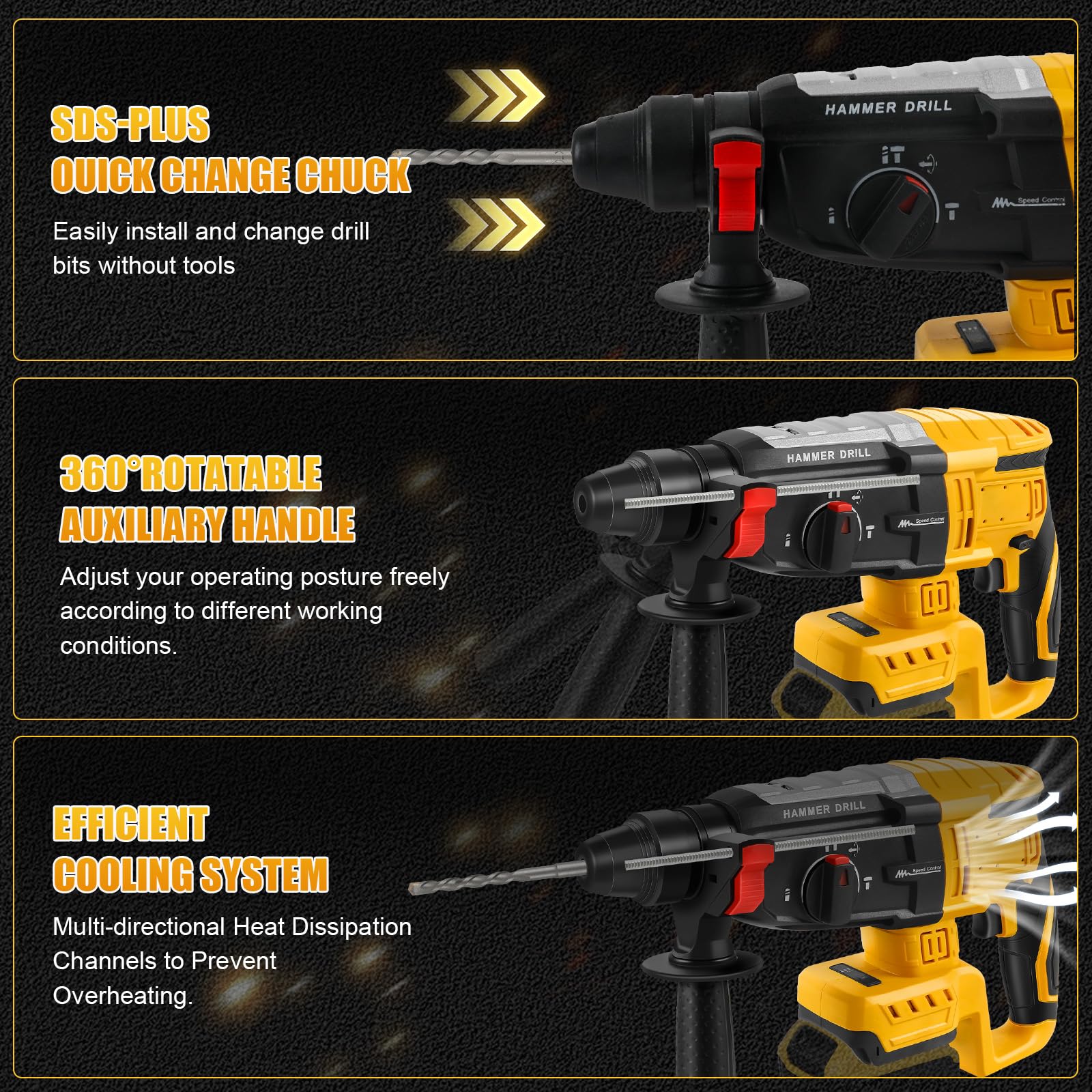 Roadtime 2.6J Hammer de forage 600W pour DeWalt 20Vbatterie (sans batterie) | vitesse du marteau 1100 tr/min,hammer combiné avec broche de forage 3x SDS PLUS,avec 4 fonctions