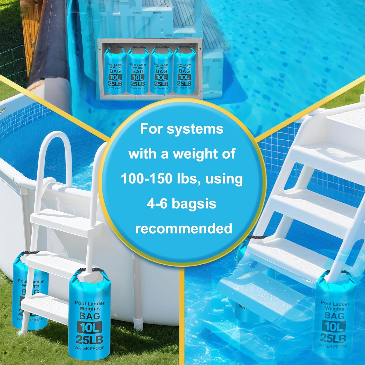 25LB Heavy Duty Pool Ladder Weights for Above Ground Pools, 20L Universal Pool Step Weights, 500D VPC Waterproof Pool Stair Weights, Easy Fill Sand Bags for Pool Steps, Foldable, Leak-Proof, 4PCS