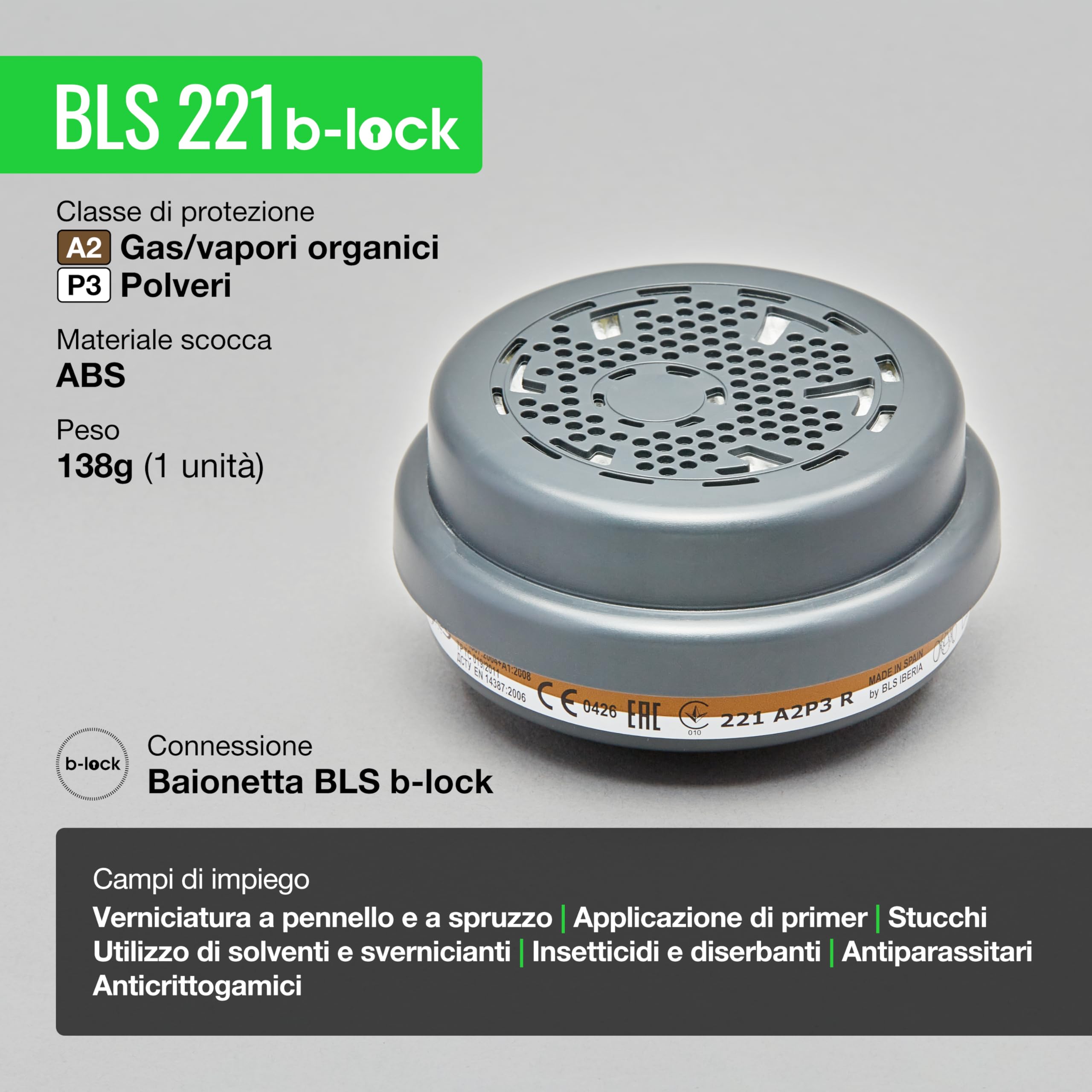 BLS 221 A2P3 R D Filtri Sostituibili con Attacco a Baionetta b-lock, Compatibili con Semimaschere e Maschere Intere BLS. Per Gas/Vapori, Polveri, Verniciatura, Stuccatura e Solventi