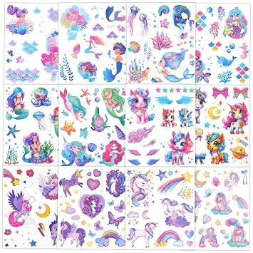 Ozepao Glitter Temporary Tattoo for Girls, 12 Sheets Mermaid Unicorn Tattoo Stickers for Kids, Waterproof Fake Tattoos for Birthday Party Favors Supplies