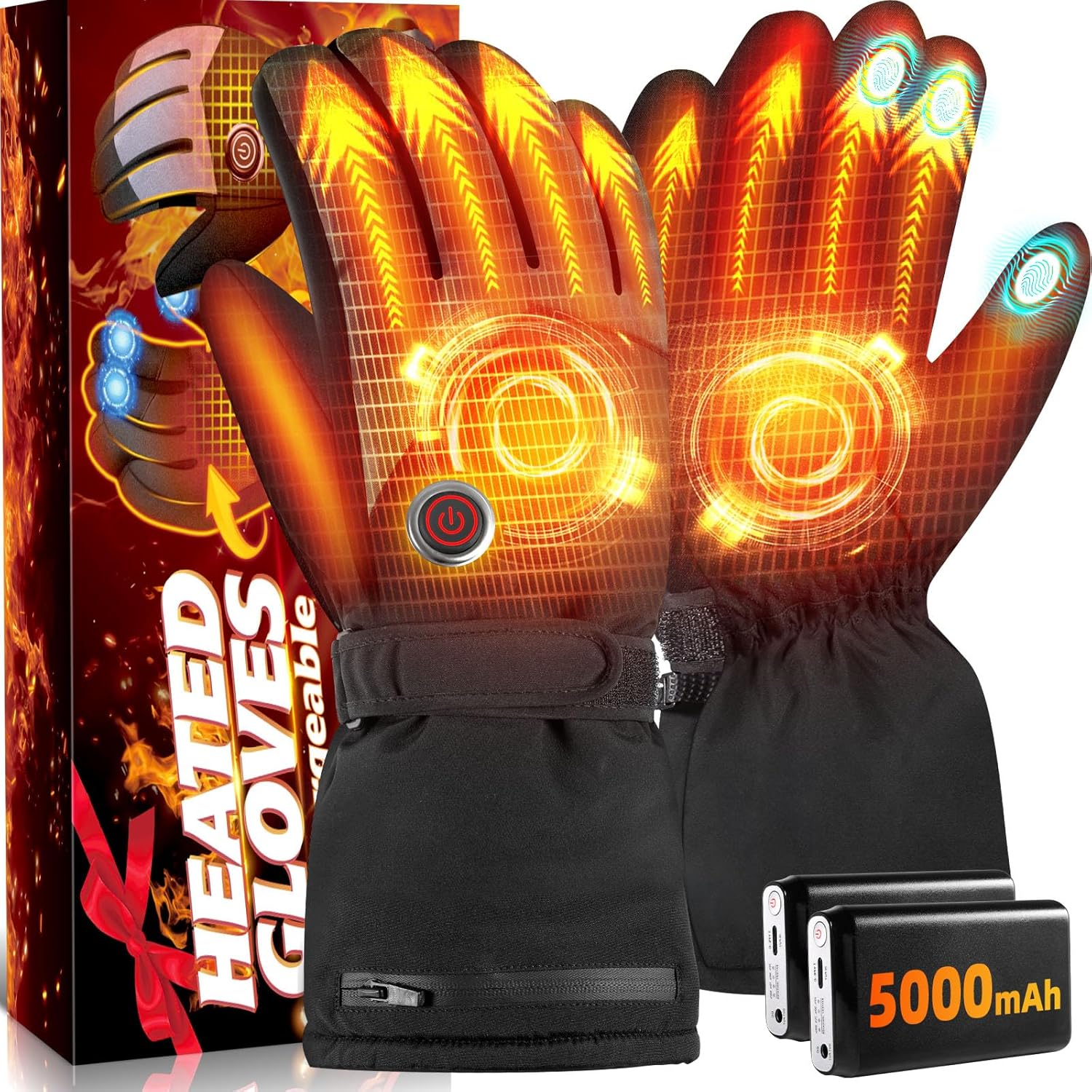 Heated Gloves for Men Women - Rechargeable 5V 5000mAh Battery Heated Gloves, Upgrade Electric Heating Gloves with Touchscreen & 3 Heating Levels for Winter Outdoor Work Skiing Hiking Camping Black Heated Gloves