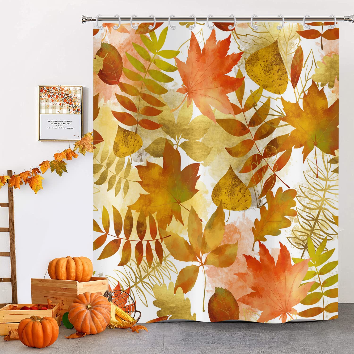 Hnmdmyi Fall Shower Curtain 180x180, Watercolor Orange Maple Leaf Harvest Plant Nature Scenery Autumn Bathroom Curtains with Hooks Waterproof Polyester Fabric Washable Bath Curtains for Wet Room