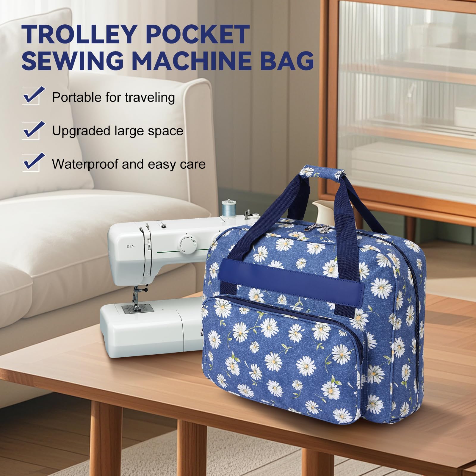 Custodia per macchina da cucire, borsa universale con tasca e manico, borsa portatile da appendere per piccole macchine da cucire, margherita blu, 43 x 32 x 21 cm