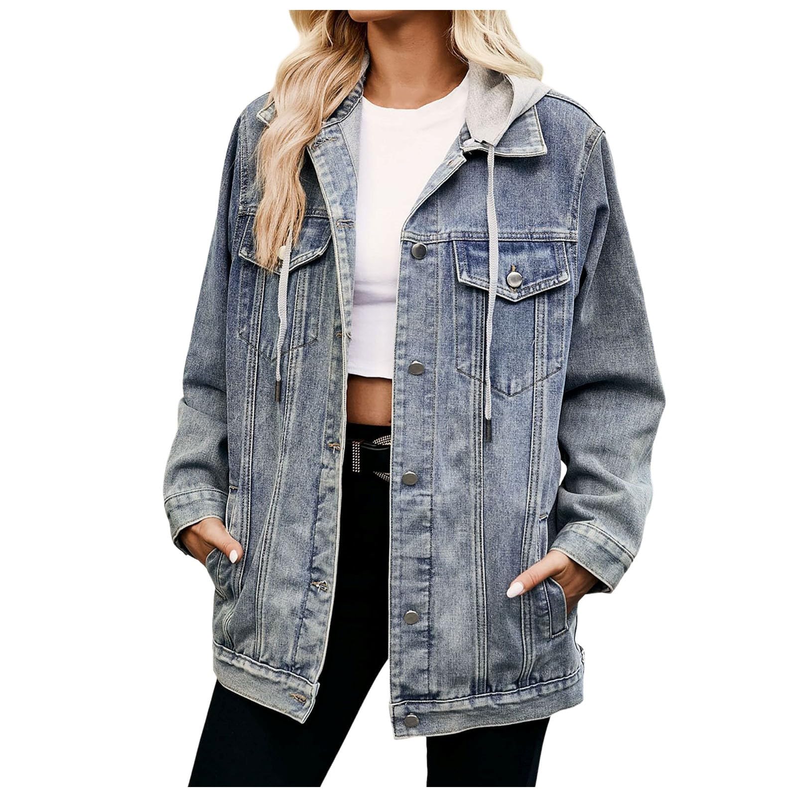 Generisch Chaqueta vaquera para mujer, con forro de gran tamaño, chaqueta vaquera larga con capucha, chaqueta vaquera cálida de invierno, chaqueta acolchada de manga larga con botones y bolsillos
