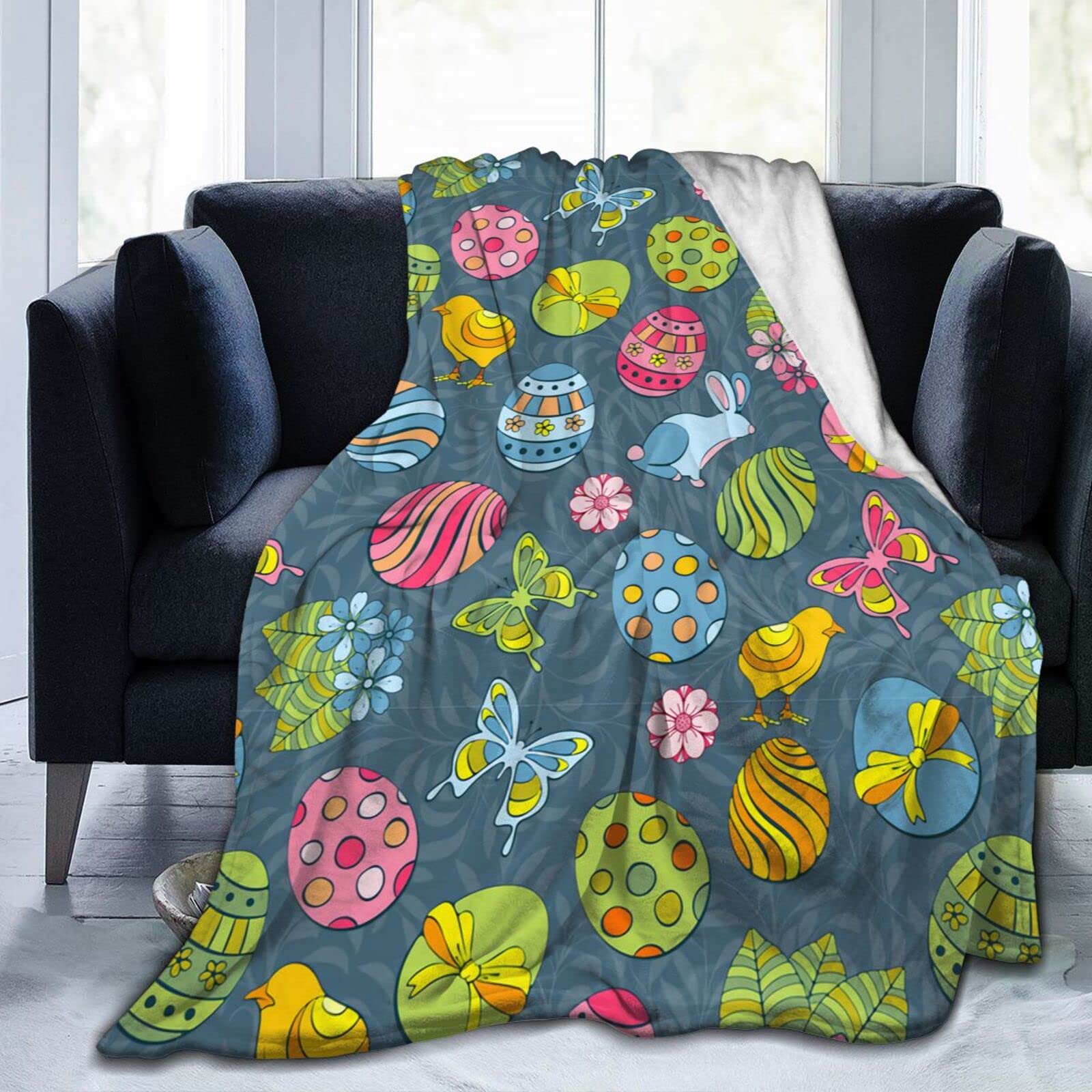 Lsjuee Easter Eggs and Bunny Throw Blanket Warm Cozy Lightweight Blankets Easter Gift Flannel Blanket for Sofa Couch Bed Office Holiday Decorative 80"X60"