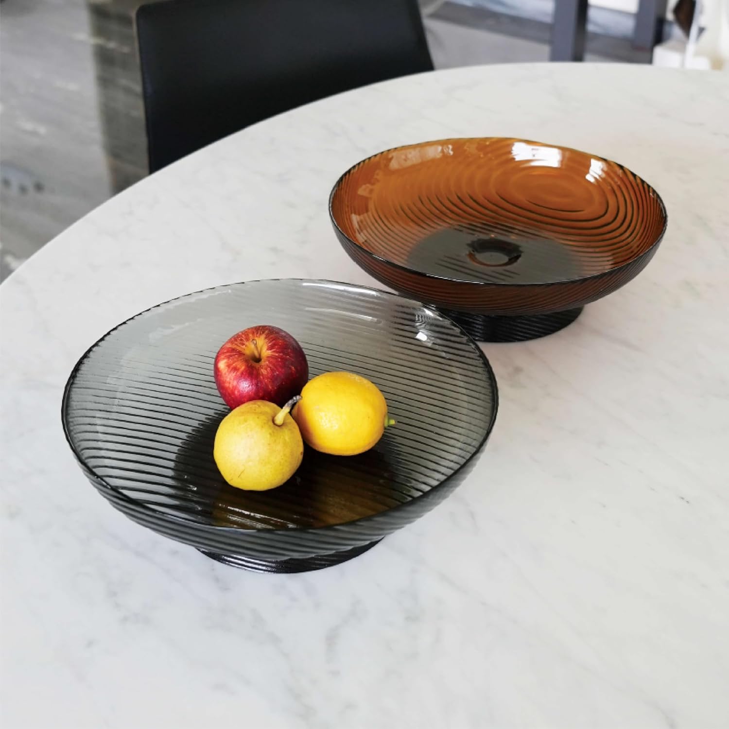 12” Ribbed Pedestal Decorative Bowl - Elegant Glass Centerpiece for Fruit & Decor (Smoke Grey)