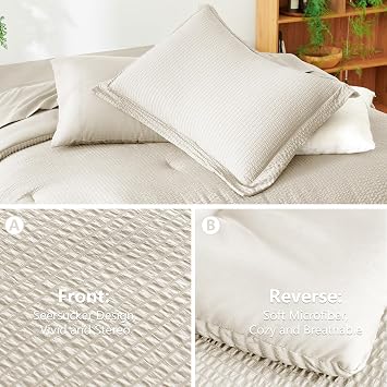 CozyLux Queen Comforter Set Beige - 7 Pieces Striped Seersucker Bed in a Bag, Soft Lightweight Boho Bedding Set with All Season Comforters Queen Size, Sheets, Pillowcases & Shams