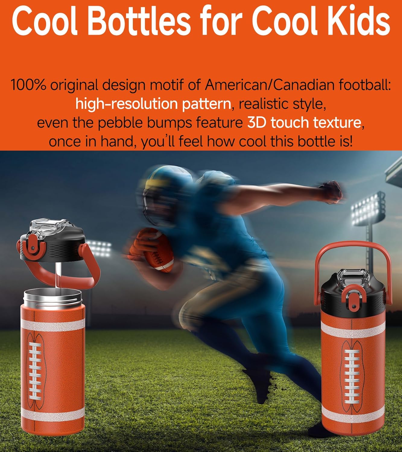 14oz/400ml Insulated Kids Water Bottle, Odor-Free Surgical Grade Liner, Dishwasher-Safe, Name Spot, Soft Sipper, Gift for Sports Fan (American Football 2) - Image 2