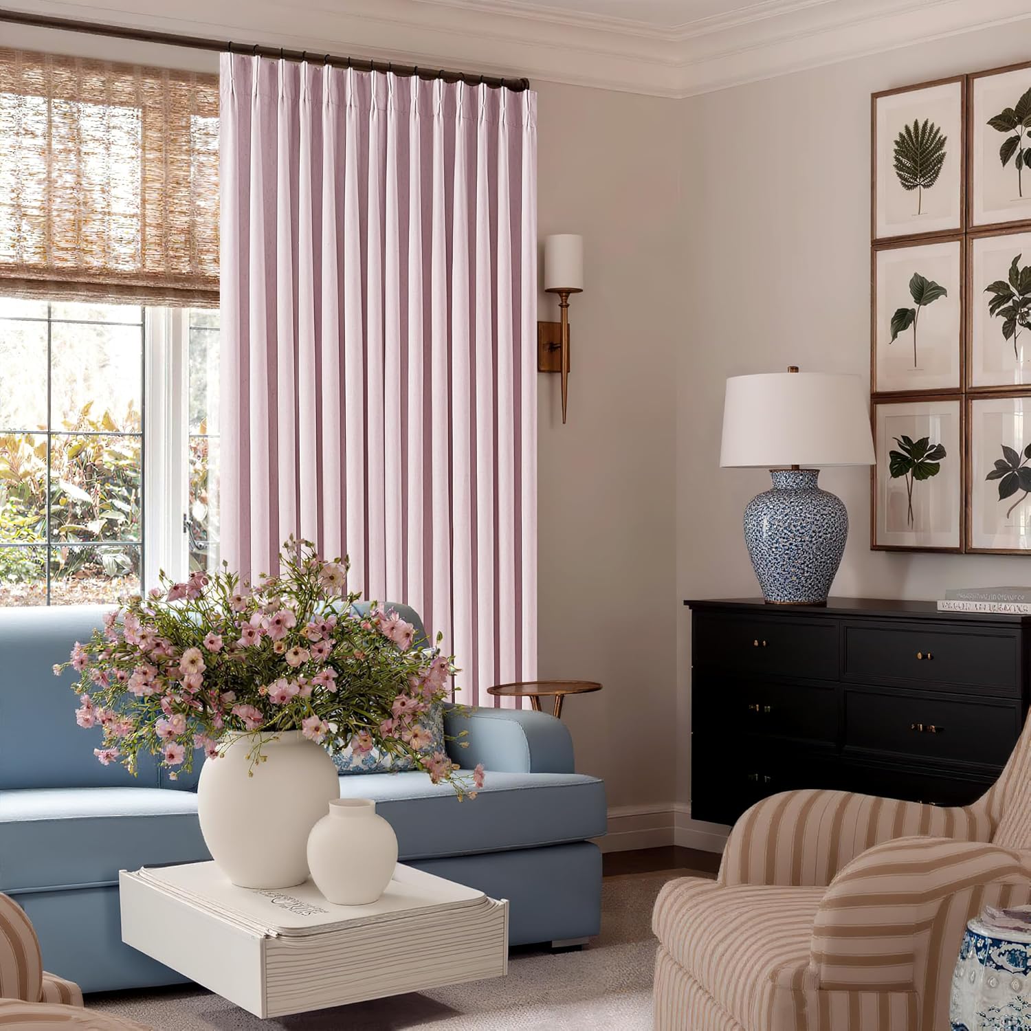 Pleated Pink Blackout Curtains 108 Inches Long for Girls Bedroom Living Room Thermal Insulated Pinch Pleat Room Darkening Light Blocking Linen 108 Inch Curtains Drape Window Panels Baby Pink Blush