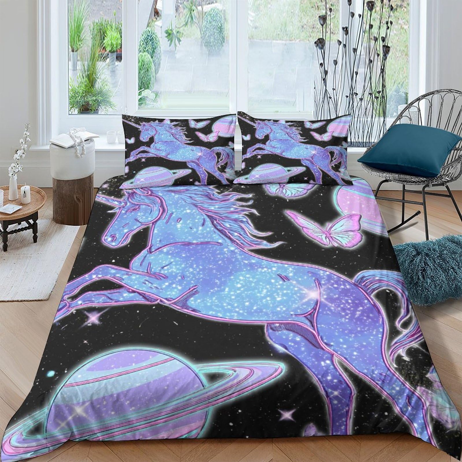 Ctjqhvkz Style-2 3D Printed Galaxy Unicorn Fitted Sheet Microfiber Soft Pastel Planet Mattress Cover For Bedroom Dorm Decor Washable Single（135X200cm）