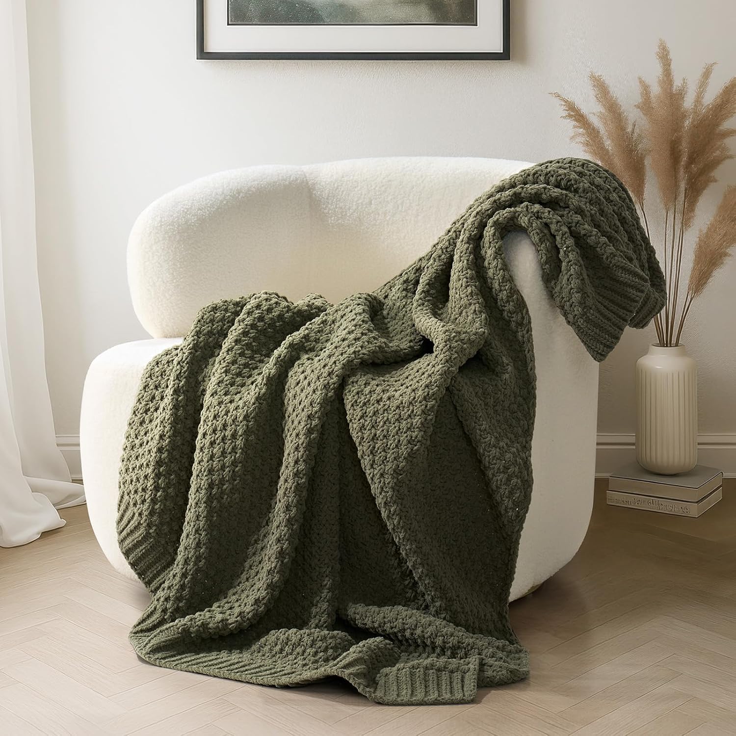evergracehome chunky chenille knit throw blanket for couch, soft luxurious moss stitch blankets for bed, cozy decorative farmhouse knitted throws for sofa, olive green, 60" x 80" 60" x 80" olive green