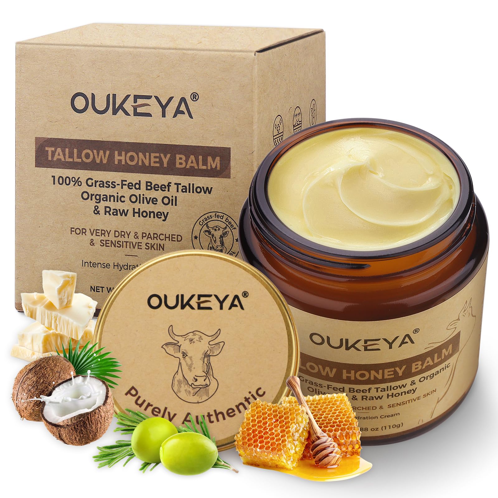 OUKEYA Beef Tallow Face Cream, Nutrimento Profondo Tallow Cream con Sego, Miele ed Estratti Vegetali di Cocco, Oliva, Avocado e Calendula, per Viso e Corpo (Versione Idratante Potenziata, 110g)