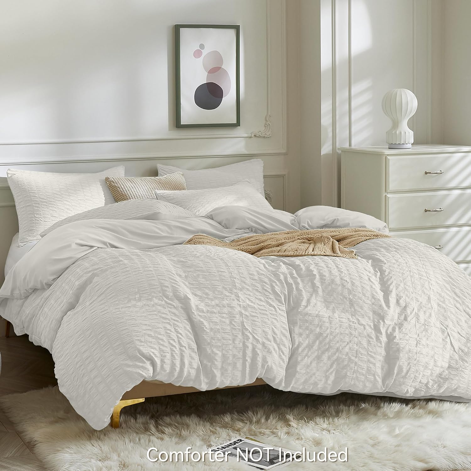 JELLYMONI Beige Duvet Cover Queen Size, 3pcs Washed Microfiber Bedding Set, Soft Breathable Seersucker Duvet Cover Set with Zipper Closure and Corner Ties for All Seasons - Image 3