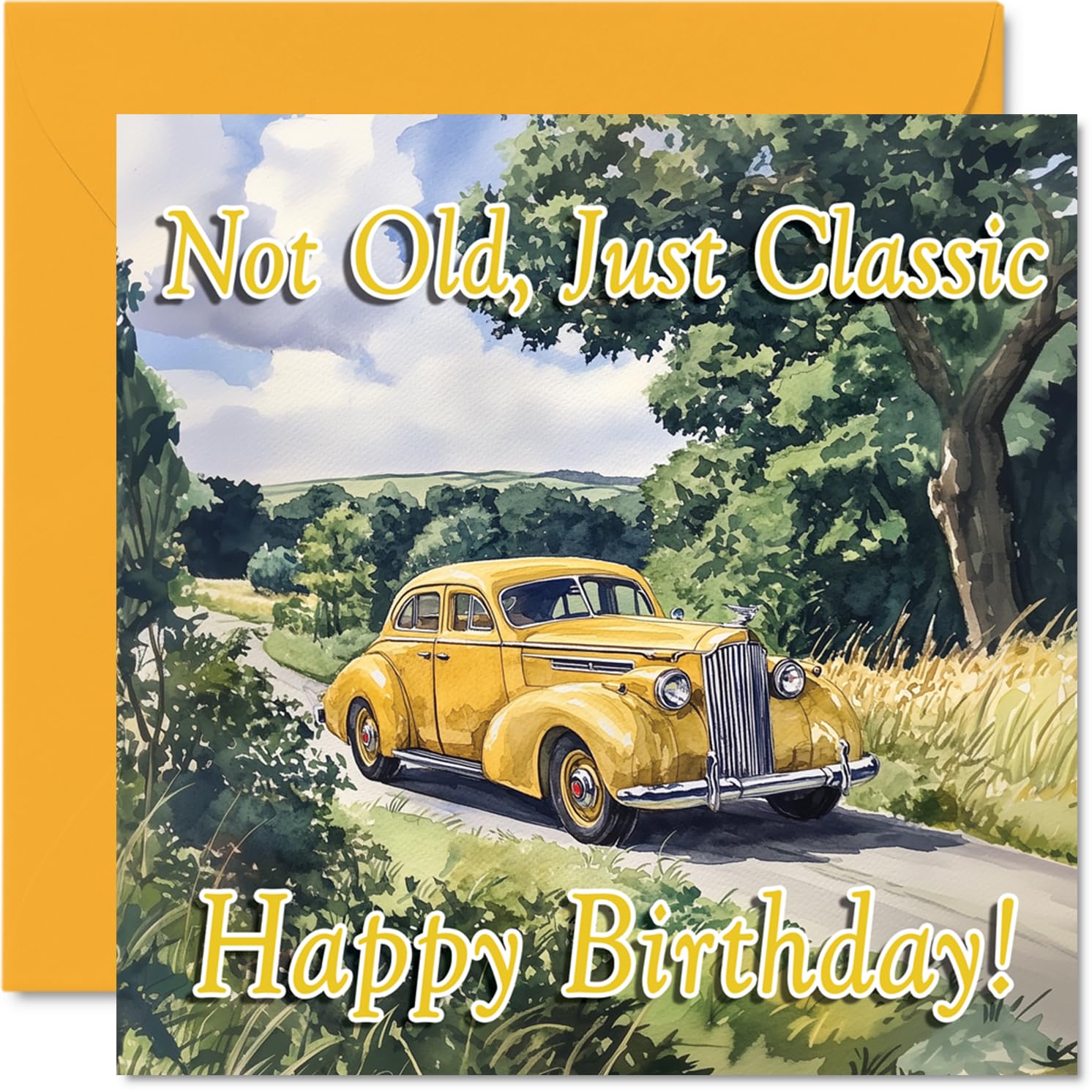 40s Car Birthday Cards - Yellow - Happy Birthday Card for Grandad Dad Uncle Son Grandson Friend Colleague Cousin, 145mm Bday Greeting Cards