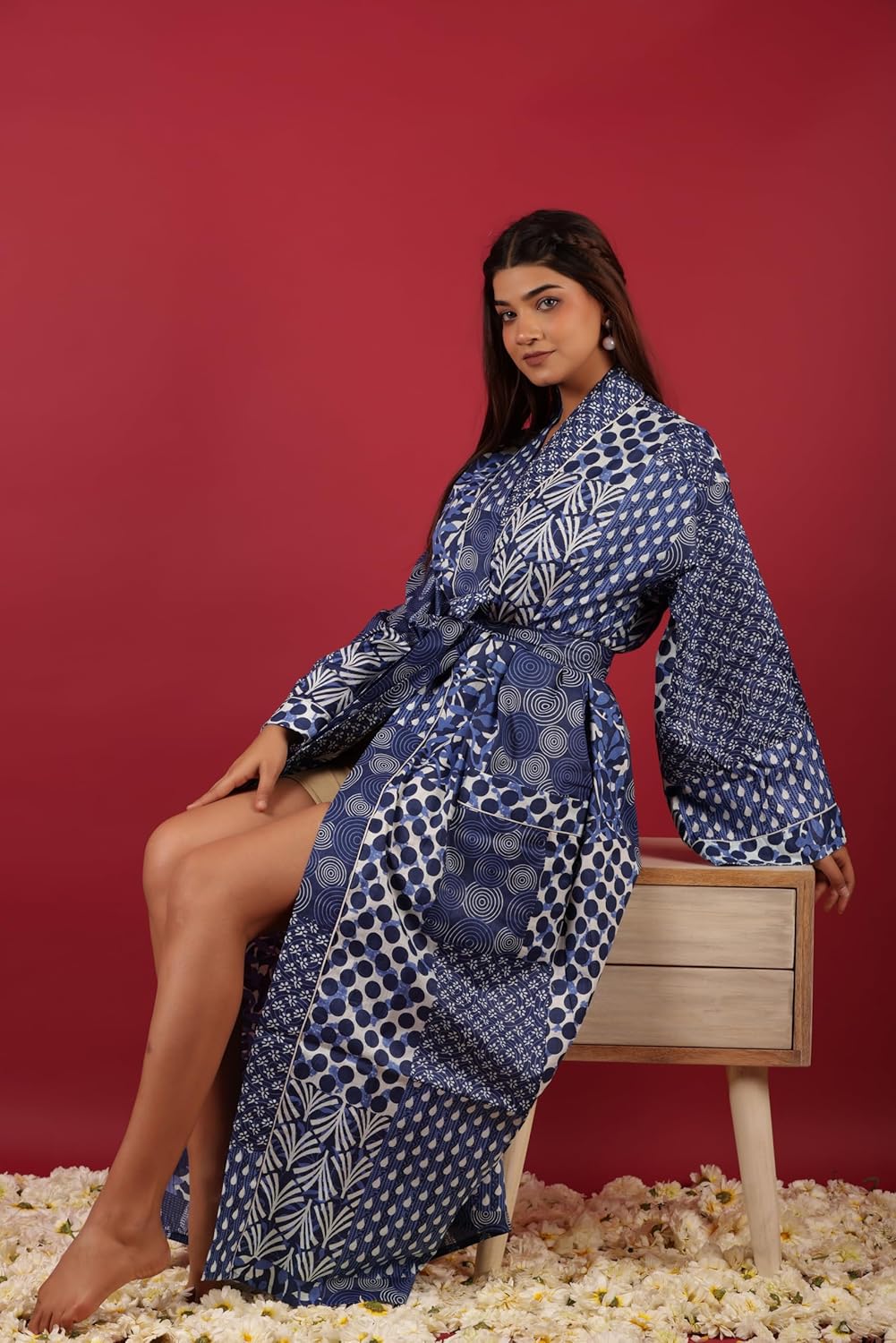 Cotton Kimono Robe for Women – Soft Lightweight Bohemian Hand Block Floral Printed Bathrobe with Belt, Loungewear, Spa & Resort Wear, Beach Cover Up, Comfortable Nightwear Dressing Gown - Blue - Image 5