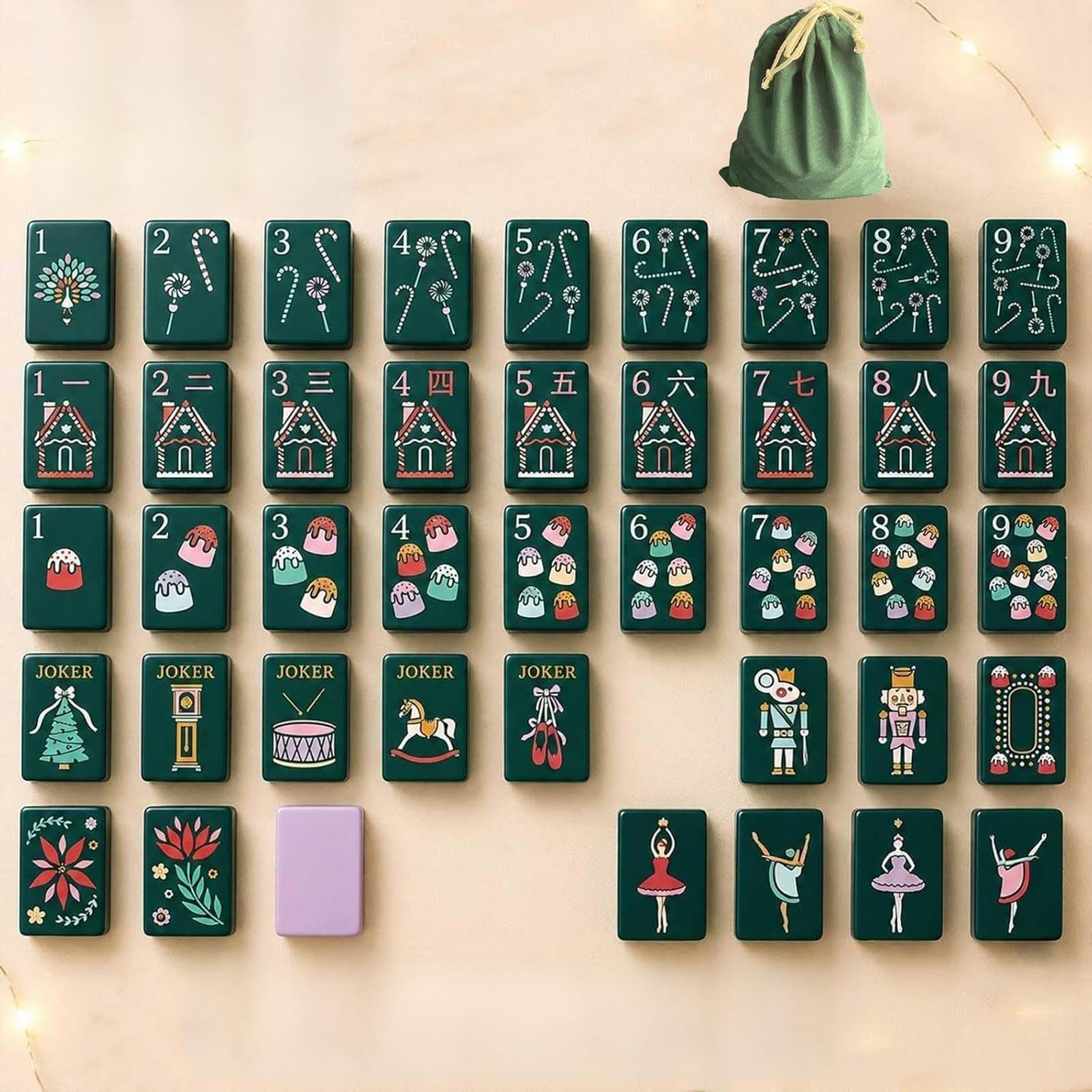 Ensemble de mahjong à 4 couches 160 plateaux - Jeu de voyage américain avec sac de dés et guide de planche rigide (Purple+vert foncé)