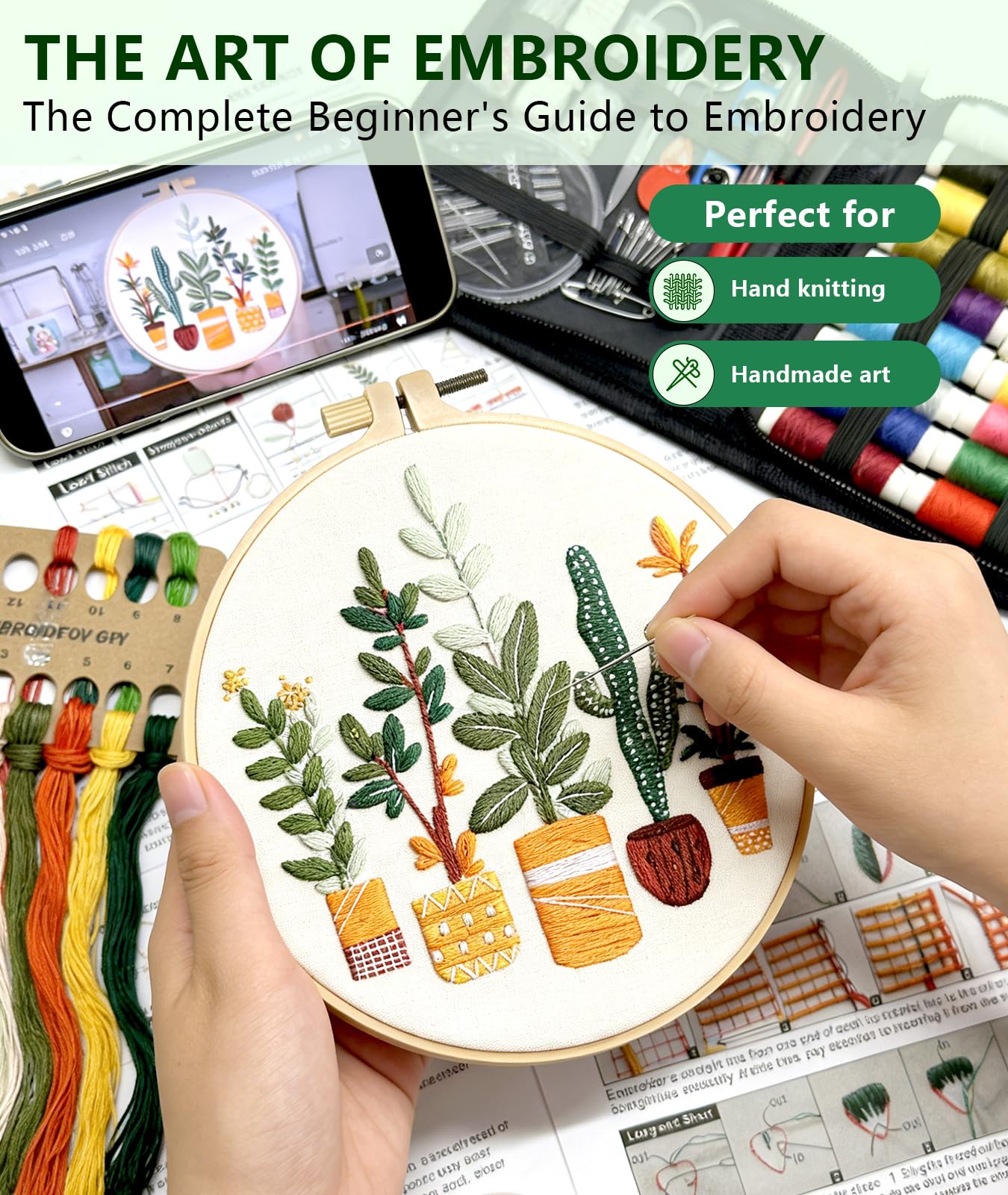 Irosiy Kit de bordado para principiantes, 4 bonitos patrones de macetas, juego de iniciación todo incluido con lienzo preimpreso, aro e instrucciones (idioma español no garantizado). Regalo hecho a