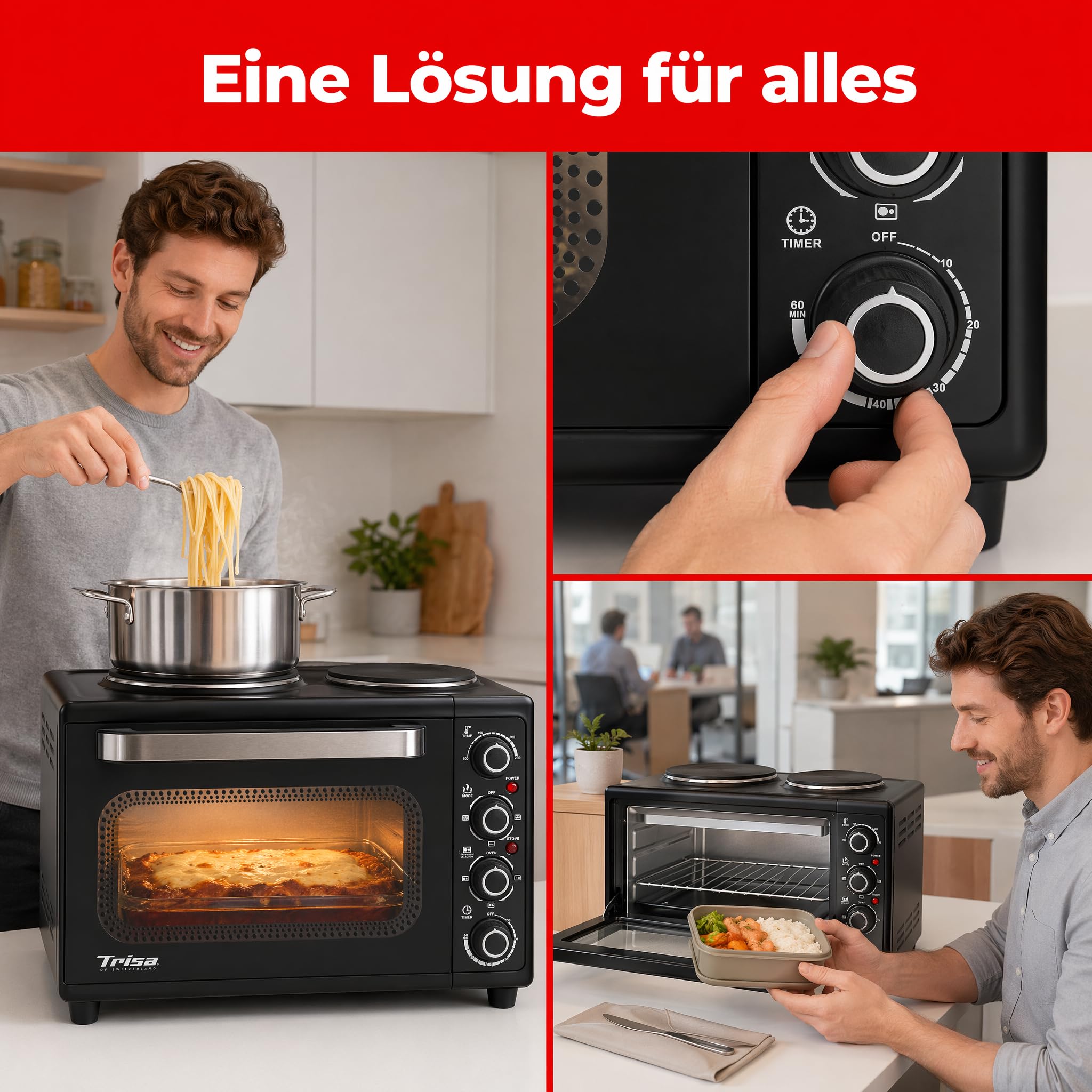Trisa Mini Backofen 30L mit 2 Kochplatten & Drehspieß, Tischbackofen, 230°C | 30L Mini-Backofen, 2 integrierte Kochplatten, Inkl. Rotisserie-Drehspieß, 60-Min-Timer, Ober-/Unterhitze