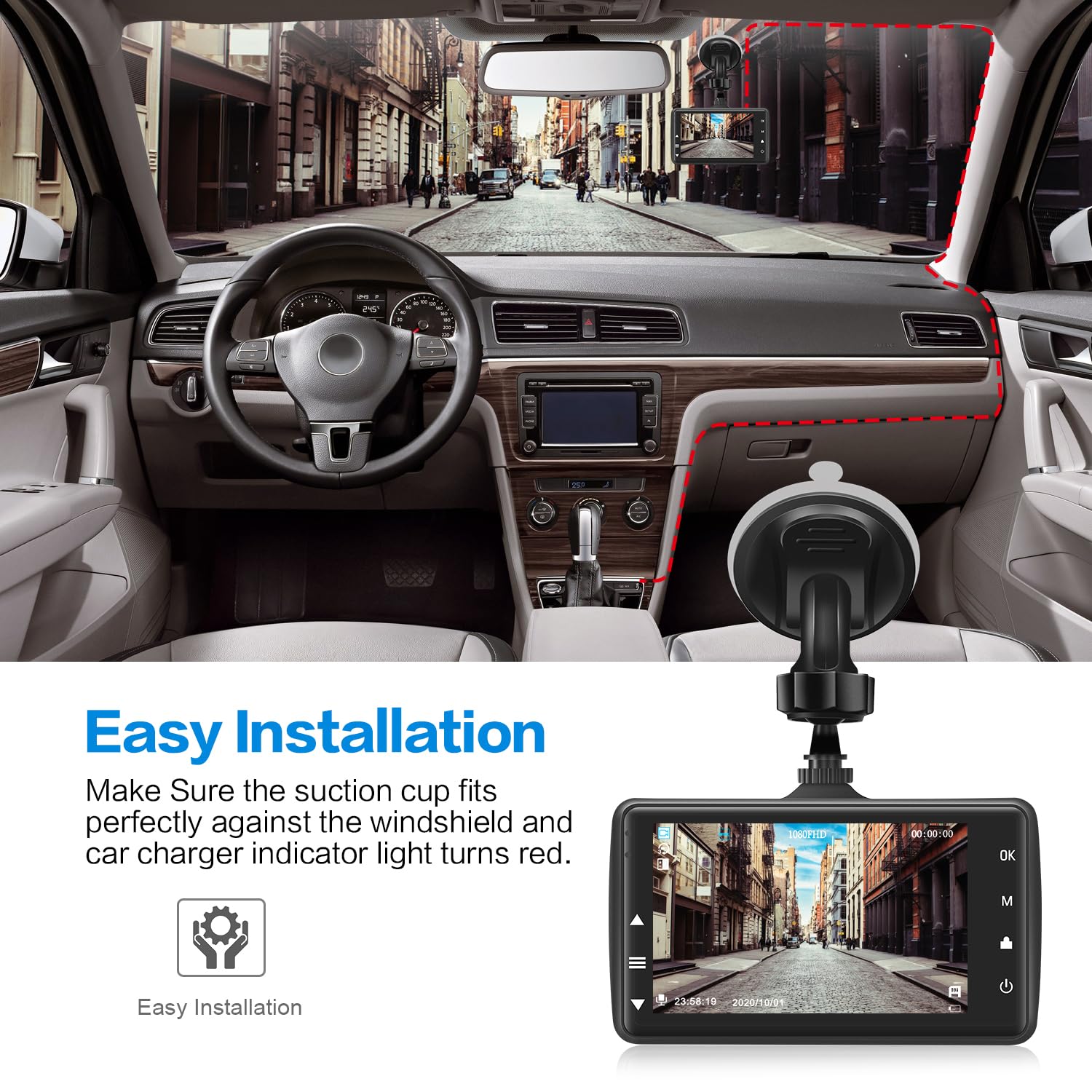 Dashcam Voiture Avant 1080P,Camera Voiture 3 pouce IPS Écran,Dash Cam Grand Angle 170°,Camera Embarquée Voiture avec carte SD 32G,Vision Nocturne,HDR,Enregistrement en Boucle,Capteur G,Parking Monitor