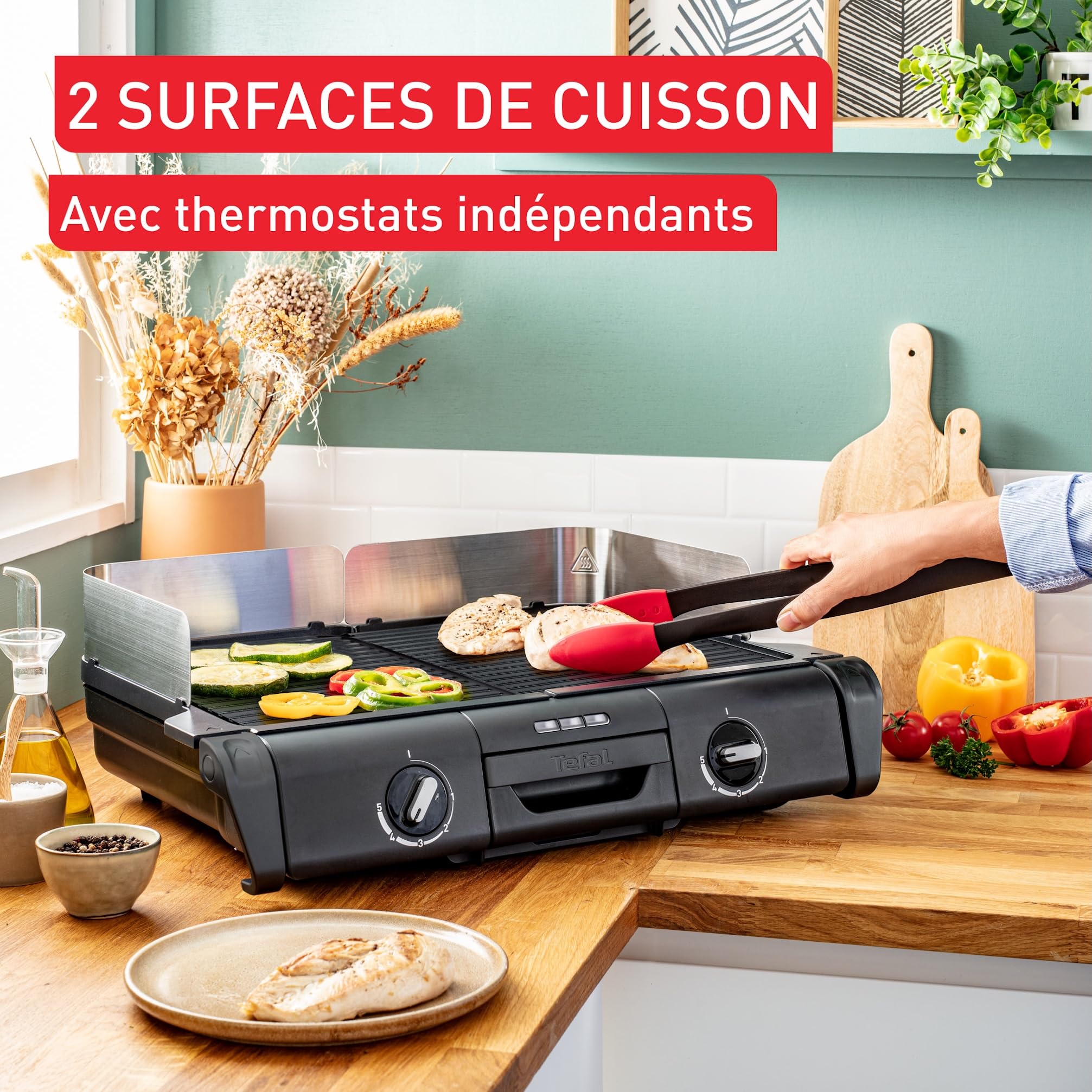 Tefal Barbecue électrique XL Family Grill 2400W avec 2 thermostats réglables, Usage extérieur et intérieur, 2 surfaces de cuisson compatibles lave vaiselle TG800N10