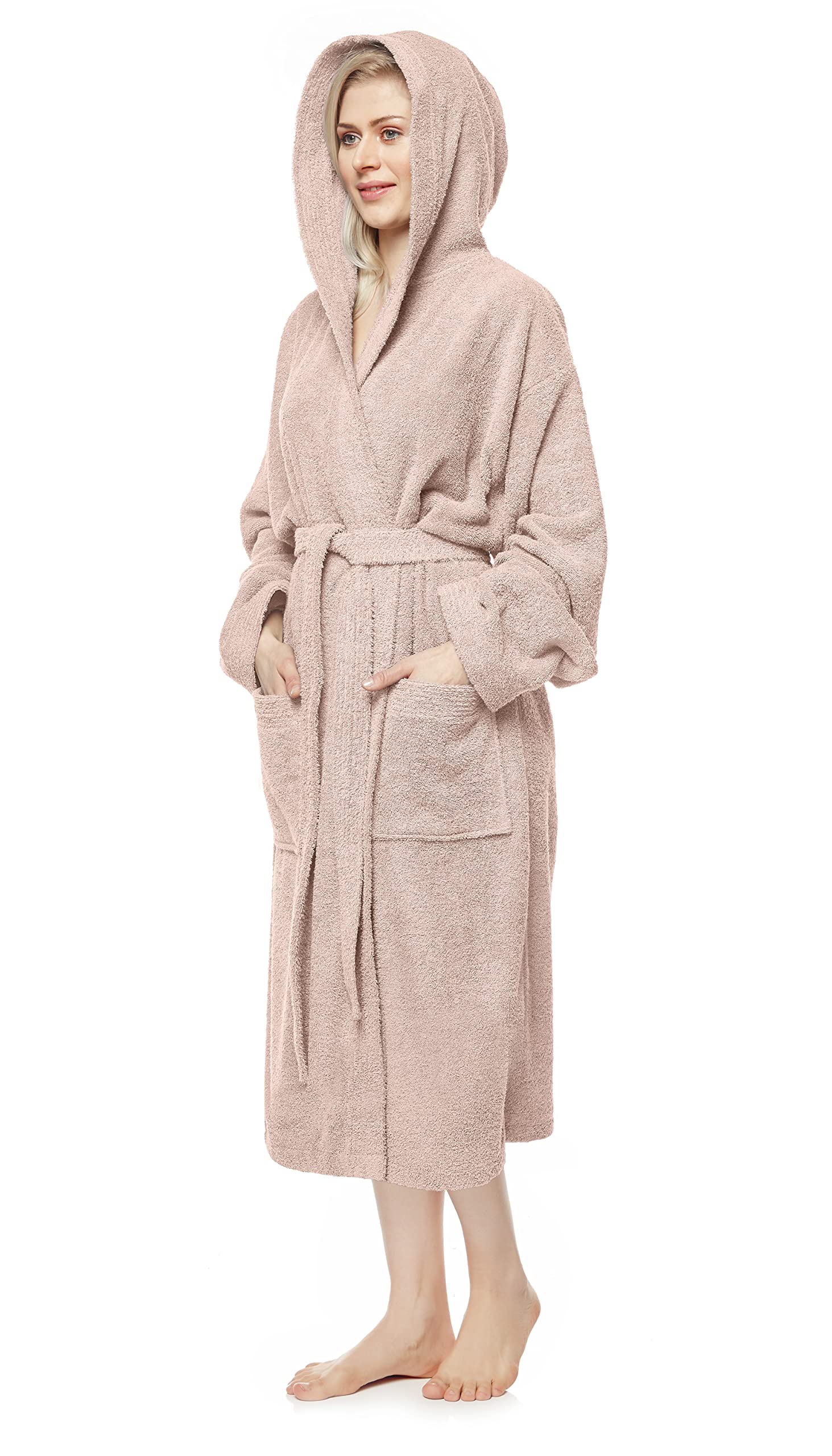 Arus Accappatoio da donna con cappuccio, lunghezza al polpaccio o alla caviglia, 100% cotone spugna (380 g/m²) certificato OEKO-TEX