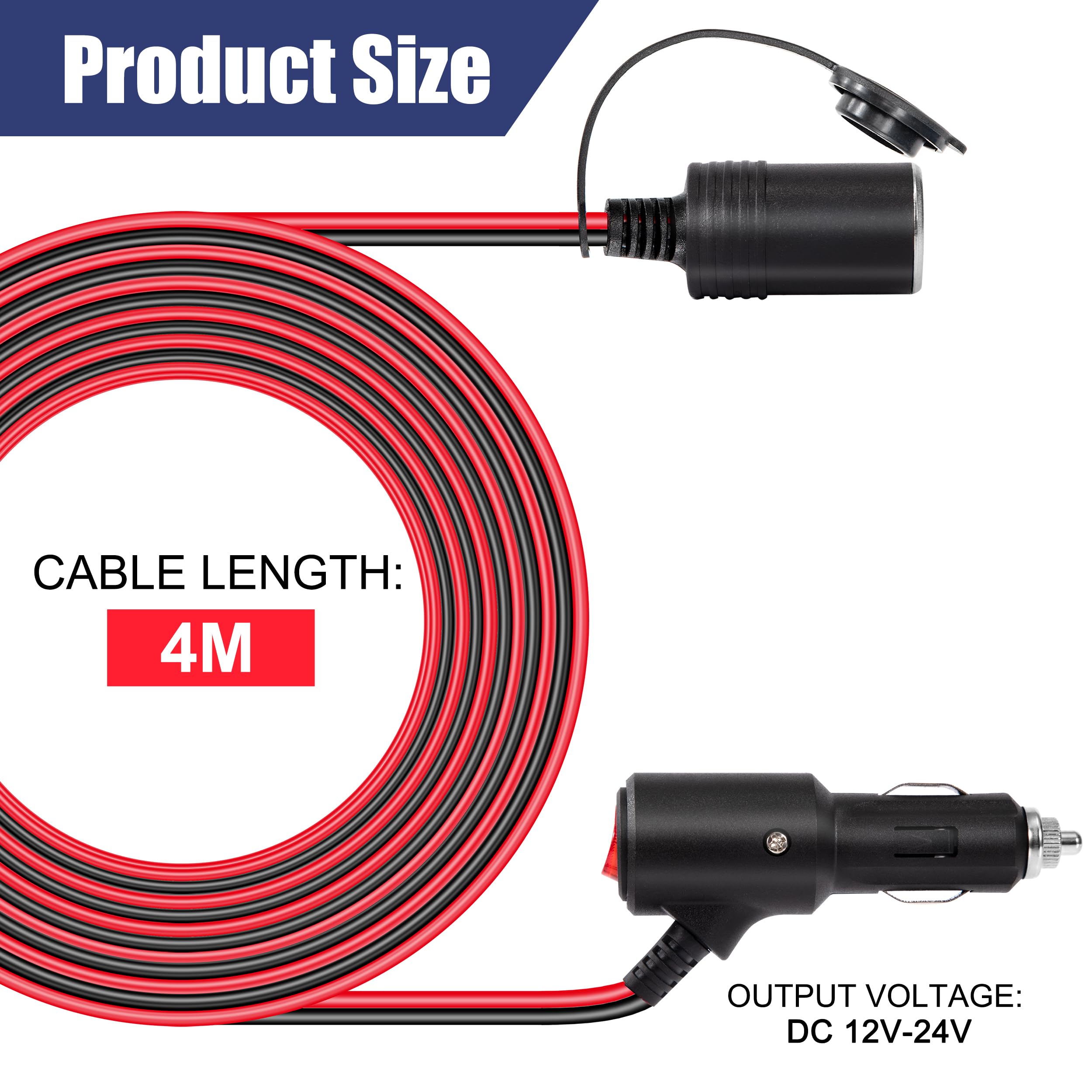 Przedłużacz samochodowy 12 V do gniazda zapalniczki samochodowej, 4 m, przedłużacz, wtyczka 16 AWG, kabel z przełącznikiem i bezpiecznikiem 15 A, adapter 12 V/24 V