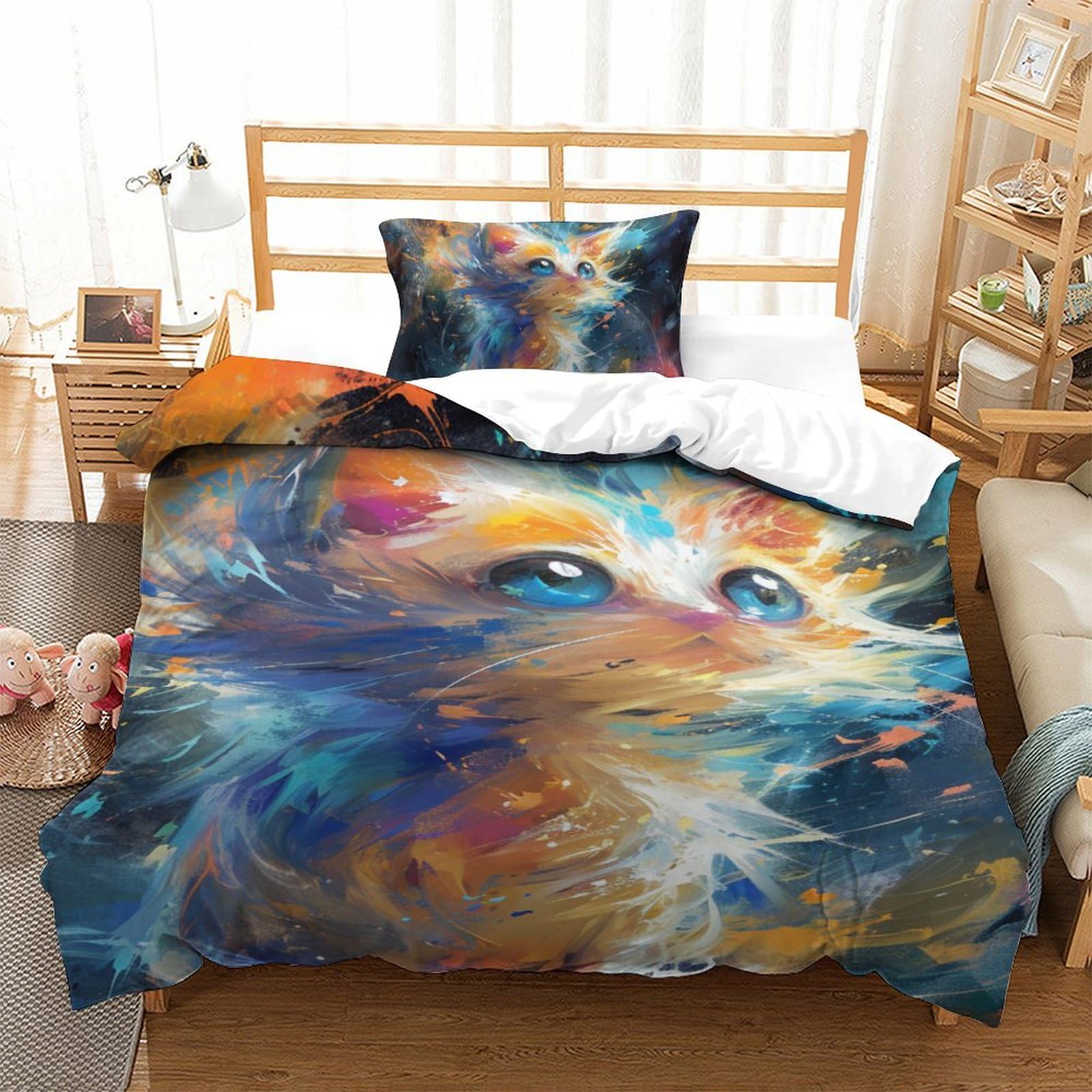 Parure de lit microfibre chat 3D housse de couette 135x200 respirante single