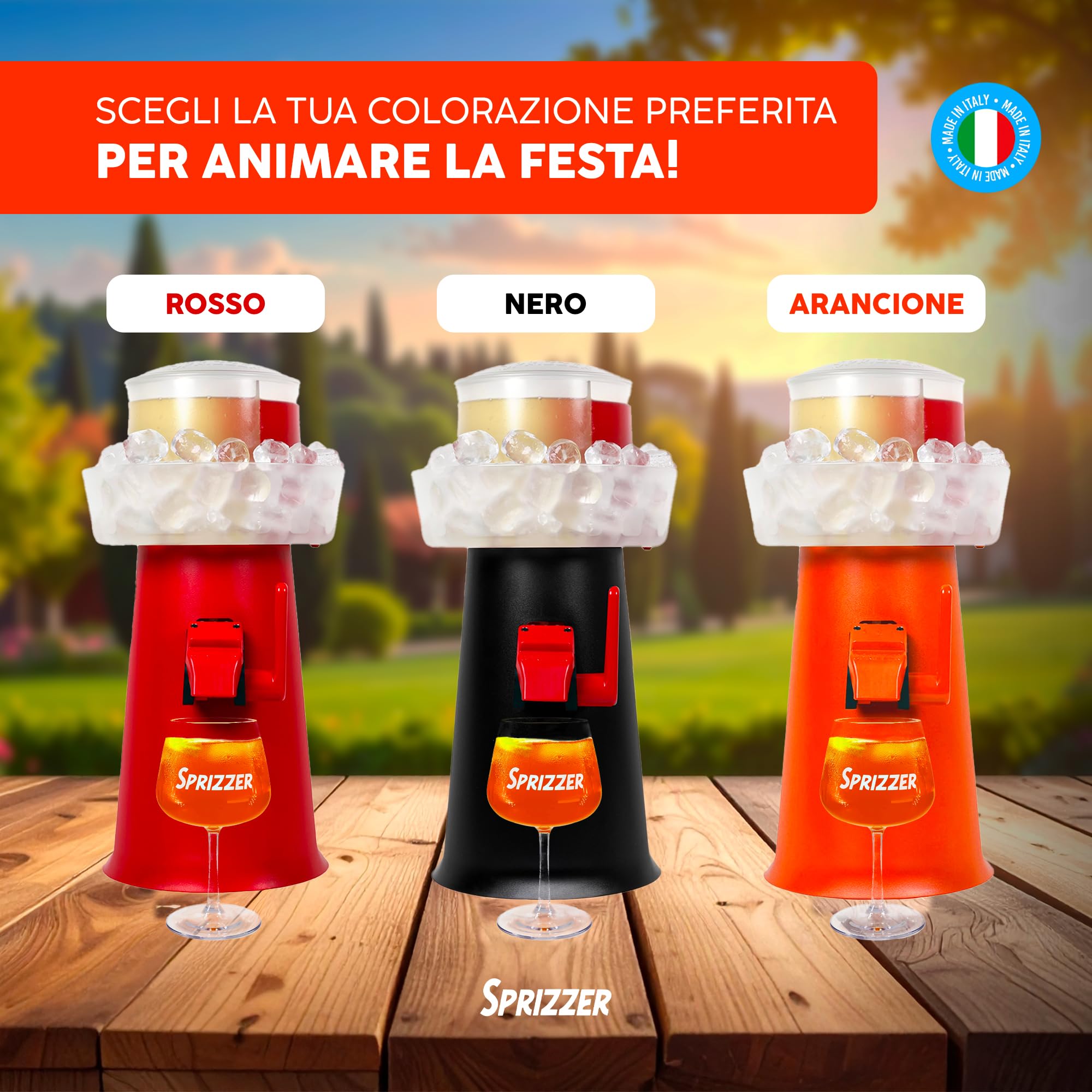 Sprizzer - Sprizzer Machine per lo Spritz, Dispenser con Miscelatore per Aperitivo e Aperol Spritz, Contenitore per Ghiaccio, 3L, Erogatore Manuale senza Elettricità o Batterie, Nero, Made in Italy